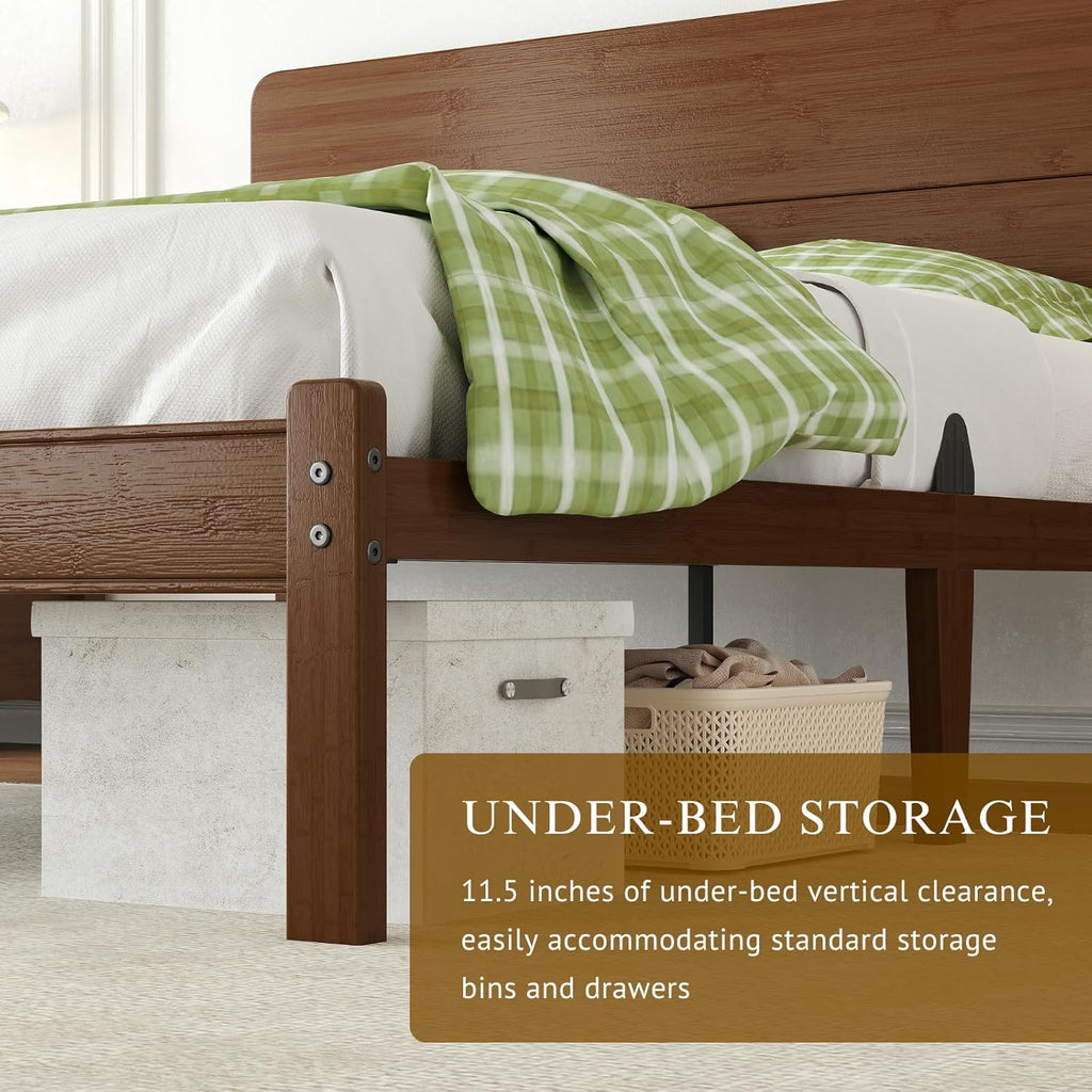 Askeld 14 Inch Bamboo Twin XL Bed Frame with Headboard, Solid Wood Bed Frames Twin XL Size No Box Spring Needed, Easy Assembly, Noise Free, Walnut Color