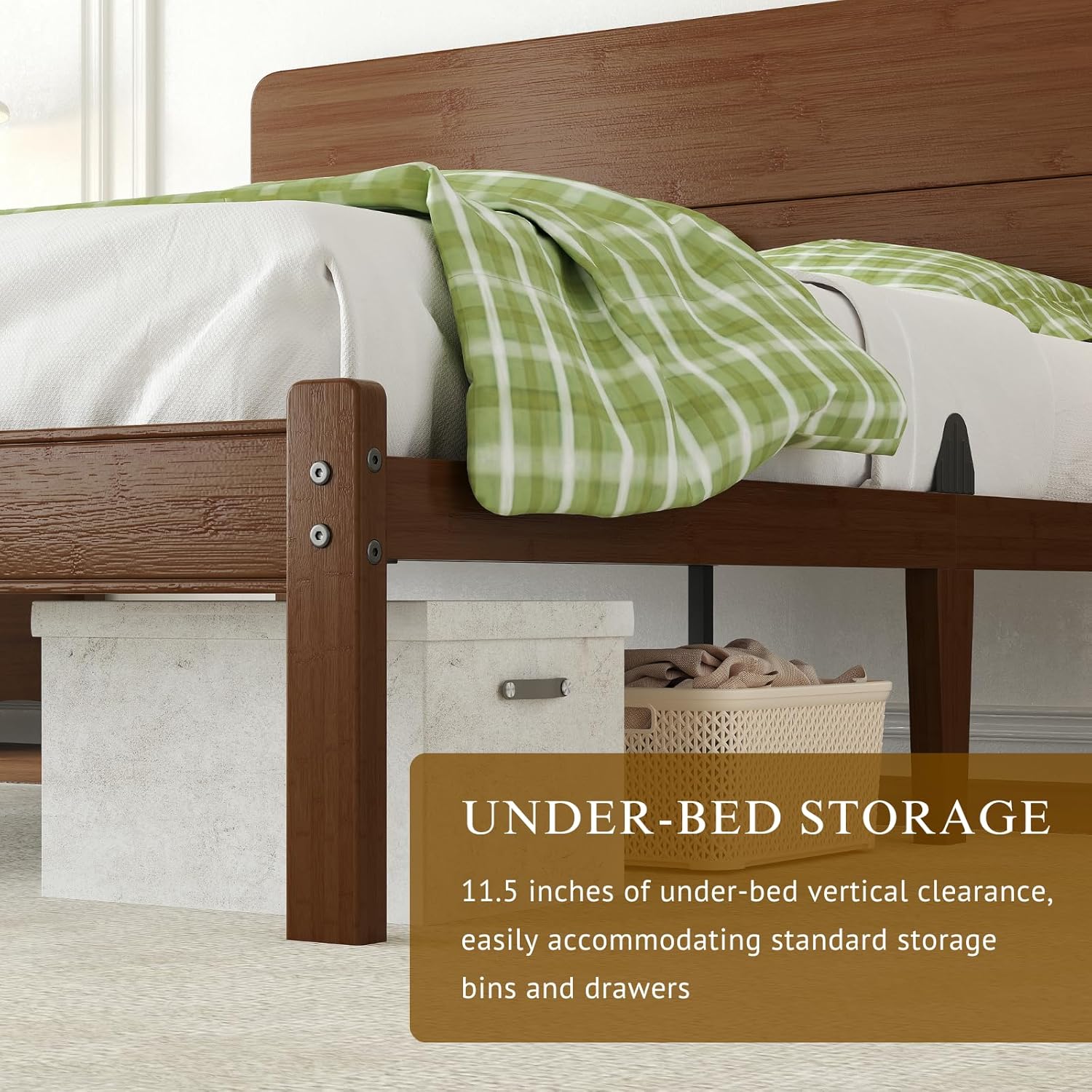 Askeld 14 Inch Bamboo Twin XL Bed Frame with Headboard, Solid Wood Bed Frames Twin XL Size No Box Spring Needed, Easy Assembly, Noise Free, Walnut Color