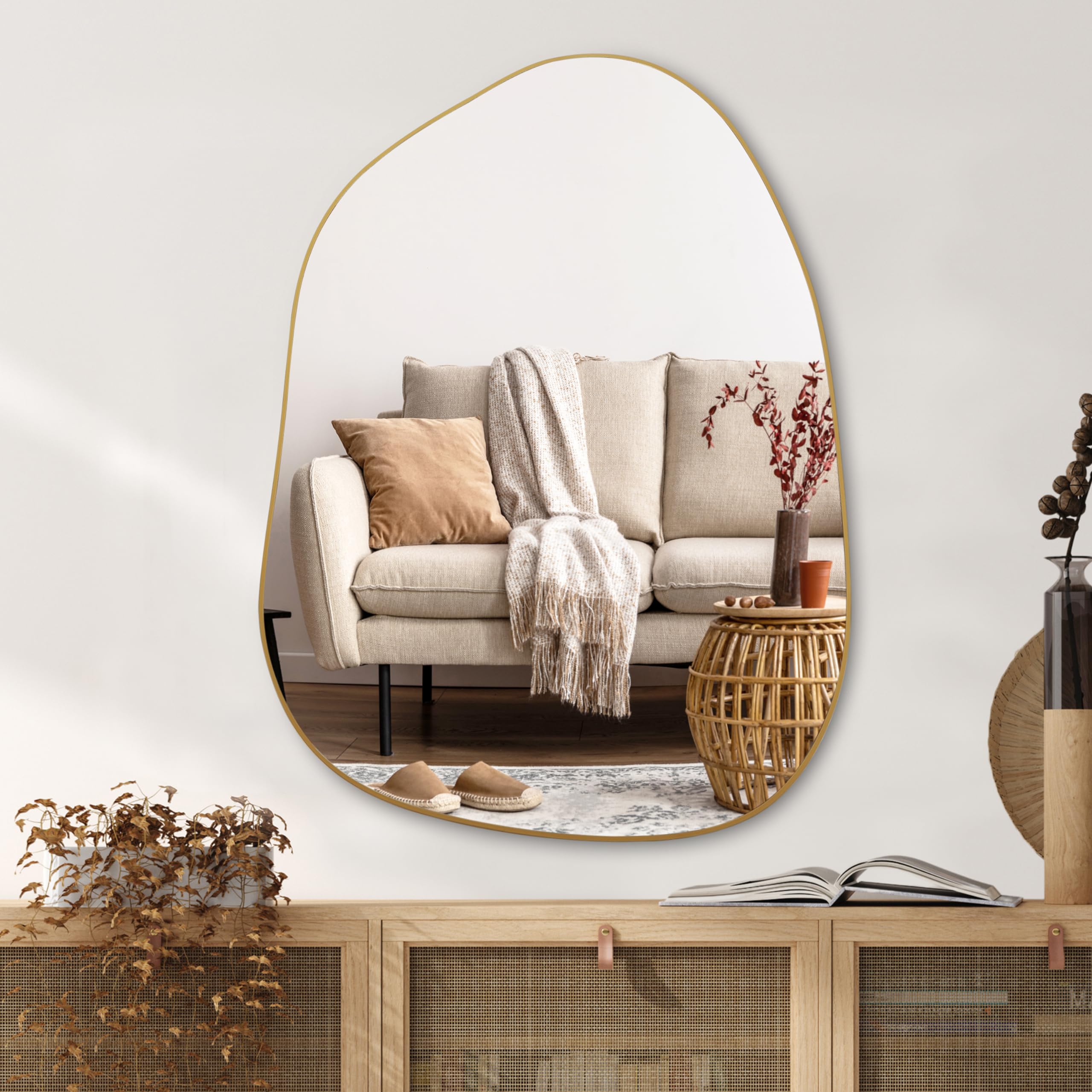 PERFNIQUE Irregular Wall Mirror Asymmetrical Mirror, 27''x19'' Gold Mirror for Bathroom Bedroom Living Room Entryway, Decorative Modern Wall Decor, Wall Mounted Mirror (Gold, 27''x19'')