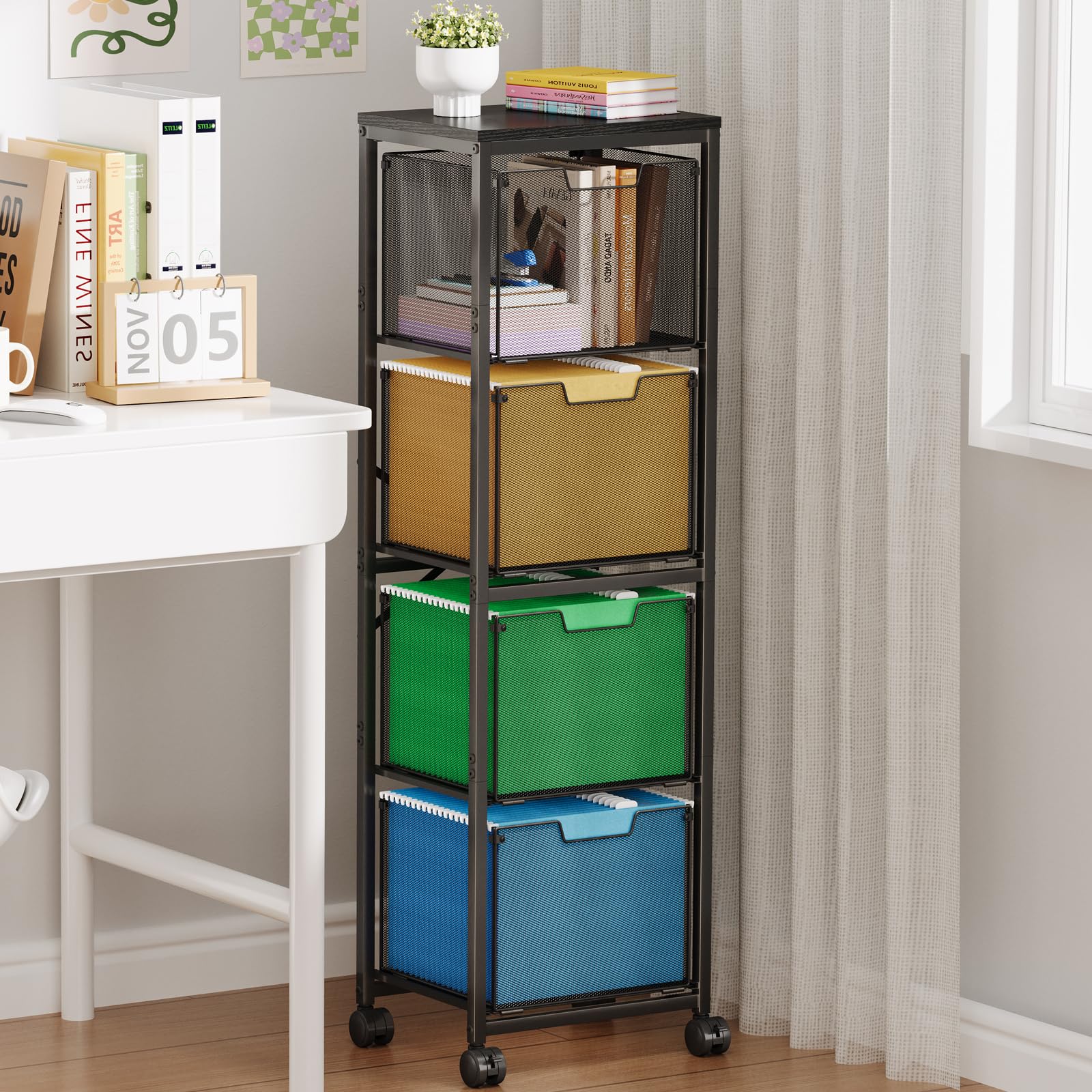 Sbanmao Rolling File Cart with 2 Storage Drawers, Mobile File Cabinet with Wheels, Hanging File Folder Organizer, Under Desk Storage, Printer Stand Utility Cart Filing Cabinet for Home Office,Black