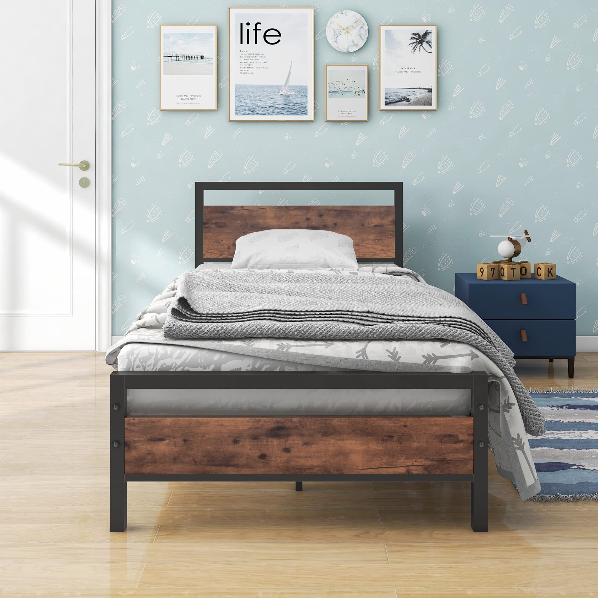 BOFENG Black Twin Bed Frame with Wood Headboard,Metal Single Platform Bed Frame Twin Size No Box Spring Needed,Heavy Duty Metal Slats Support,Noise Free,Single Bed Base,Easy Assembly