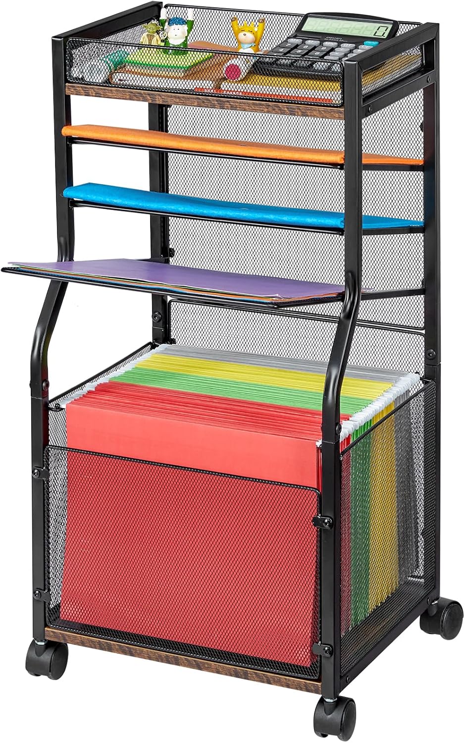 5-Tier Rolling File Cart with Lockable Wheels, Mobile File Cabinet for Hanging File Folders Sliding Trays, Under Desk Storage, Paper Organizer Utility Cart Filing Cabinet for Office, Home, School