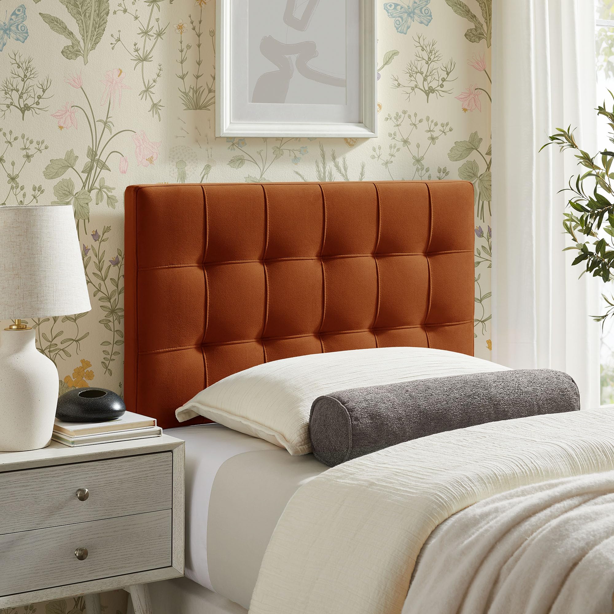 Modway Lily Performance Velvet Queen Size Headboard with Biscuit Tufting in Taupe - Stain-Resistant Upholstery with Padded Design and 5 Height-Adjustable Mounts