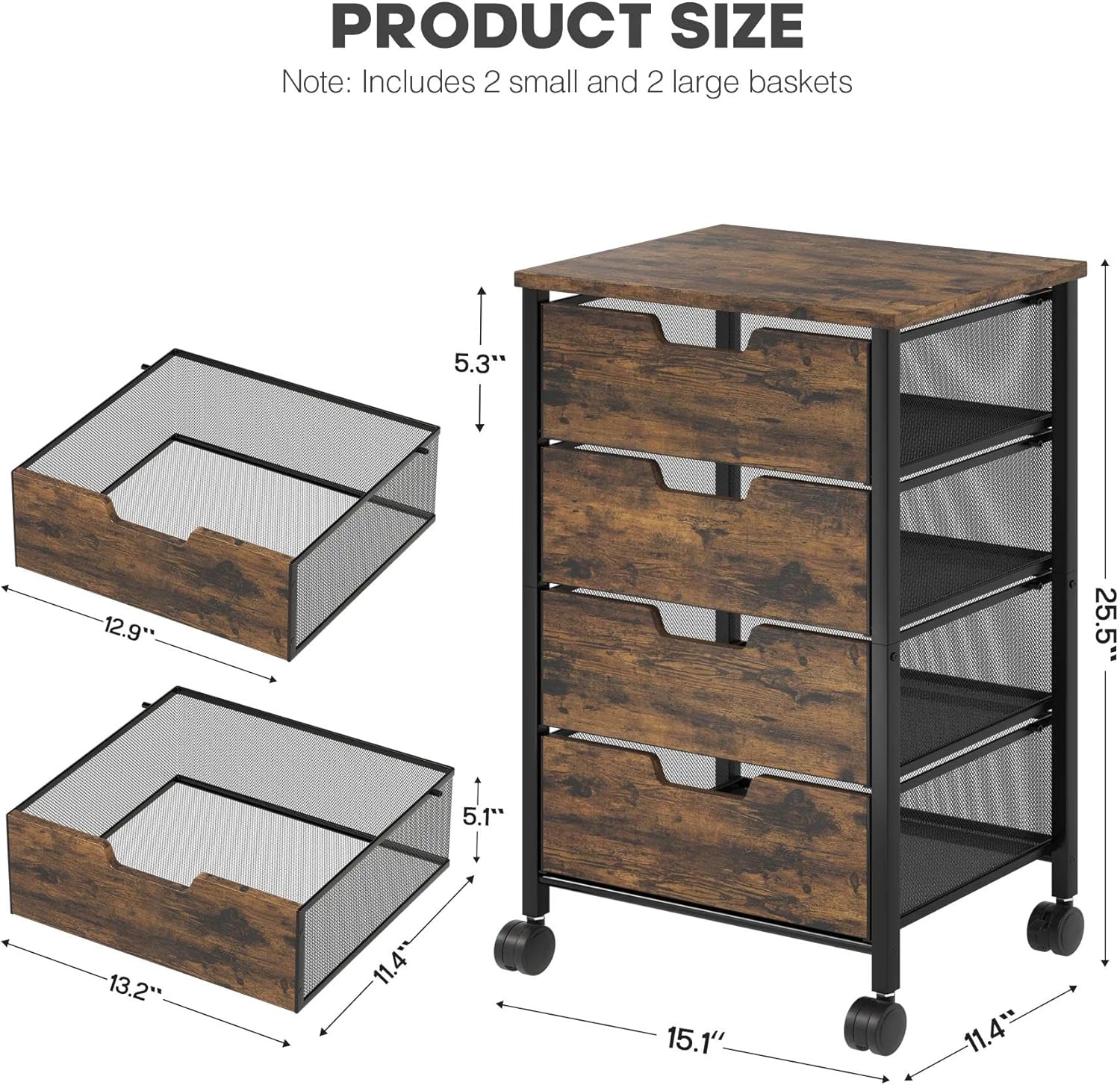 Rolling Cart with Drawers, Wooden Top and Front, with Wheels Metal Under Desk Storage Cart with 4 Drawers, for Office, Bedroom, Classroom, Home, Rustic Brown