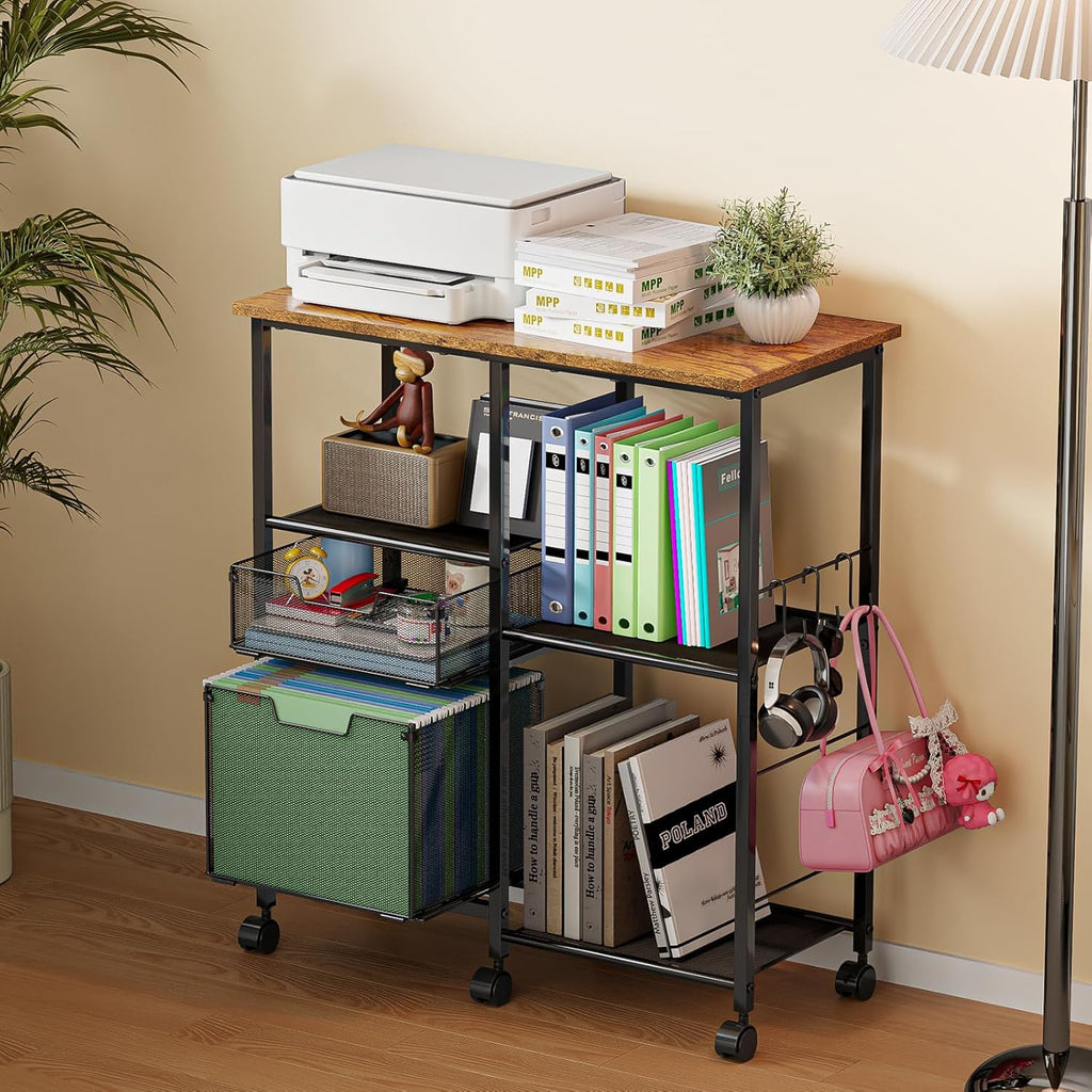 Tiaoheka Rolling File Cart with Wheels,Lateral File Cabinet with 2pcs Drawers,Rolling Printer Stand Cart with Open Storage Shelf,Hanging Filing Cabinet Organizer Cart Fits Letter Size for Home Office