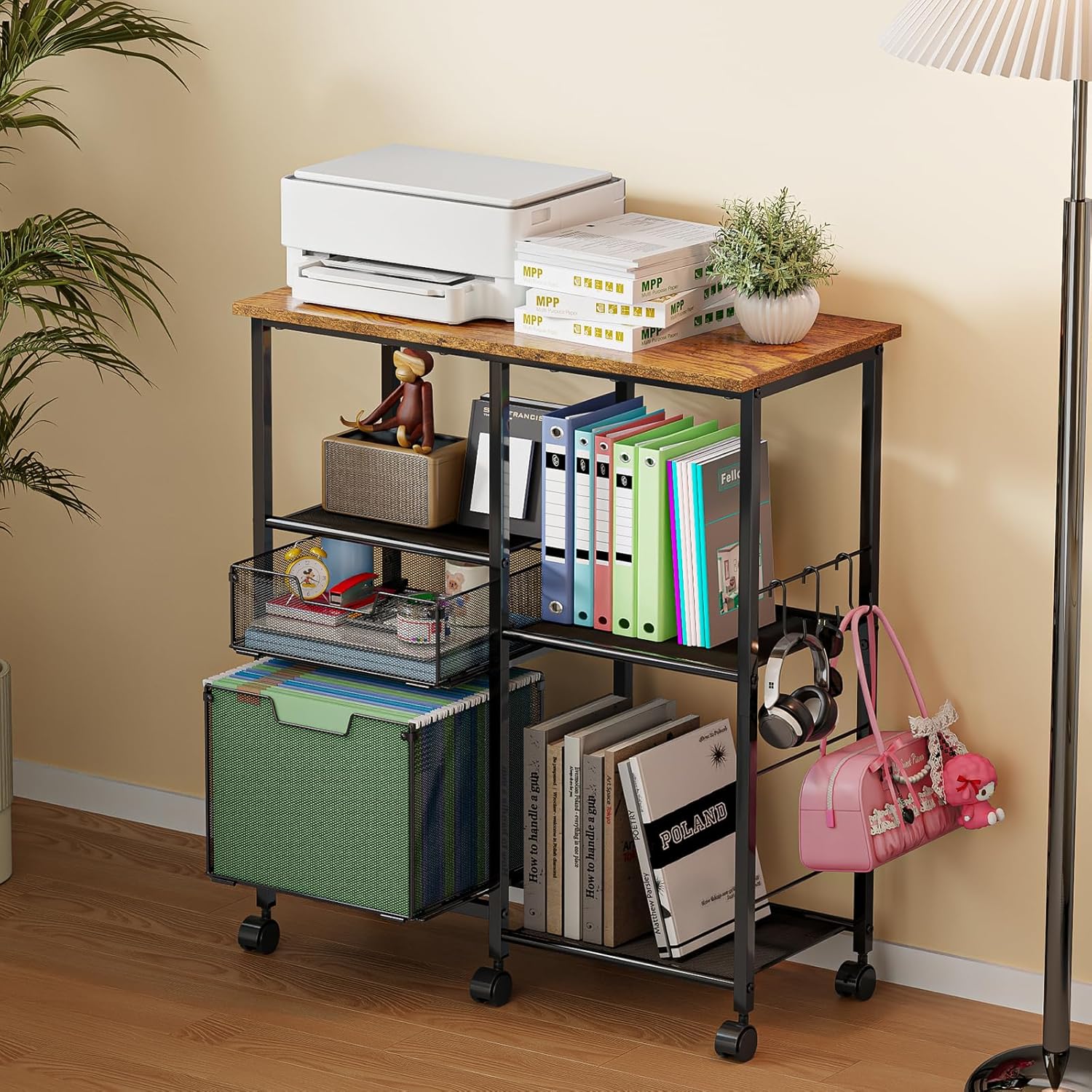 Tiaoheka Rolling File Cart with Wheels,Lateral File Cabinet with 2pcs Drawers,Rolling Printer Stand Cart with Open Storage Shelf,Hanging Filing Cabinet Organizer Cart Fits Letter Size for Home Office