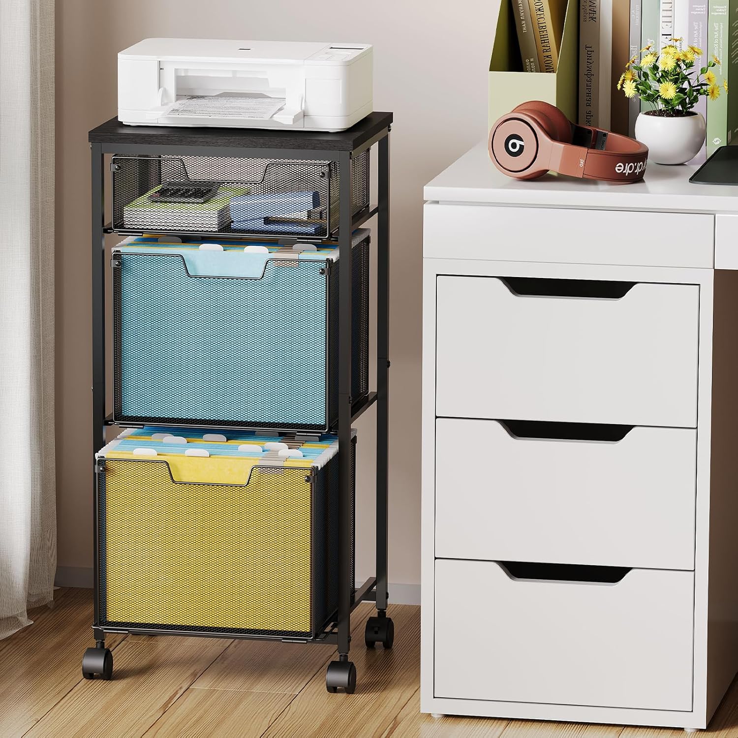 Sbanmao 3 Drawer Mobile File Cabinet for Home Office, Rolling Filing Cabinet on Lockable Wheels, Hanging File Folders Organizer, Utility Cart Storage and Organizer, Printer Stand, Black