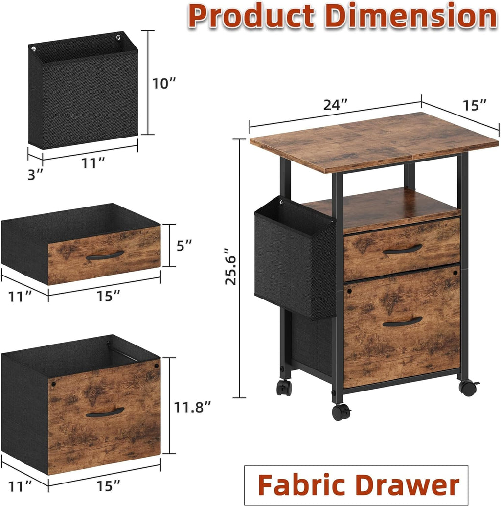 GYIIYUO 2 Drawer File Cabinet with 24'' Extended Desktop, Light Brown | Mobile Filing Cabinet, Side Bag, Fits A4/Letter Size, Rolling Printer Stand, Home Office, Fabric Drawer