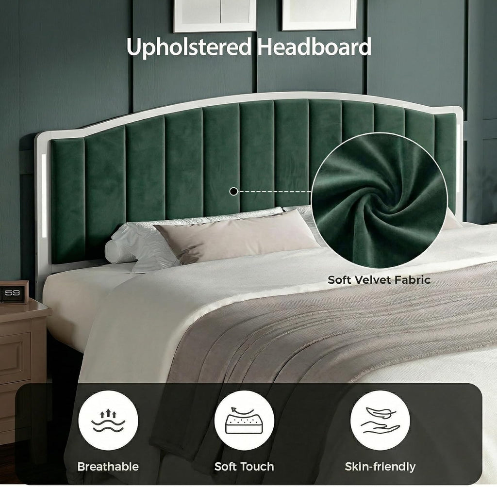 Headboard for Queen Size Bed with LED Lights, Upholstered Vertical Channel Tufting Head Boards, Velvet Headboard Only, Attach Frame, Ideal for Bedroom, Dorm, Guest Room, Green