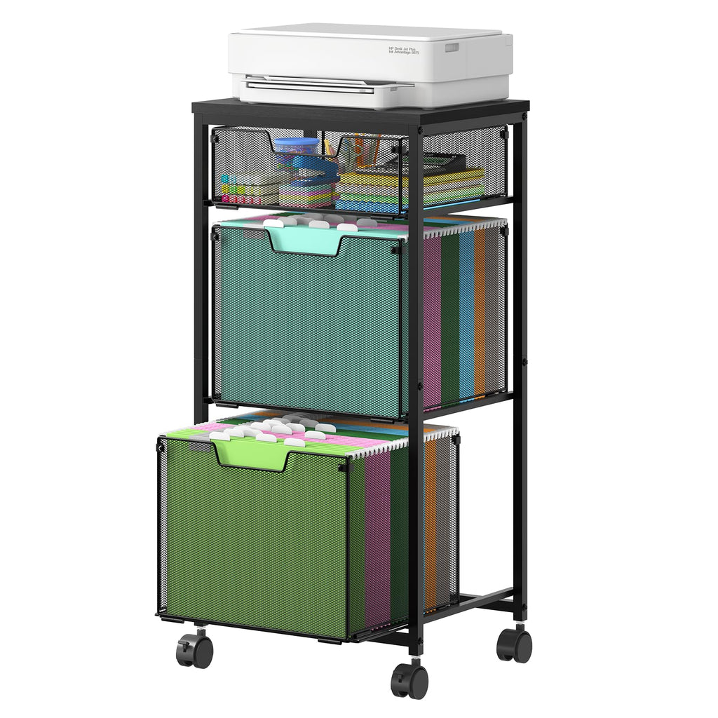 Sbanmao 3 Drawer Mobile File Cabinet for Home Office, Rolling Filing Cabinet on Lockable Wheels, Hanging File Folders Organizer, Utility Cart Storage and Organizer, Printer Stand, Black