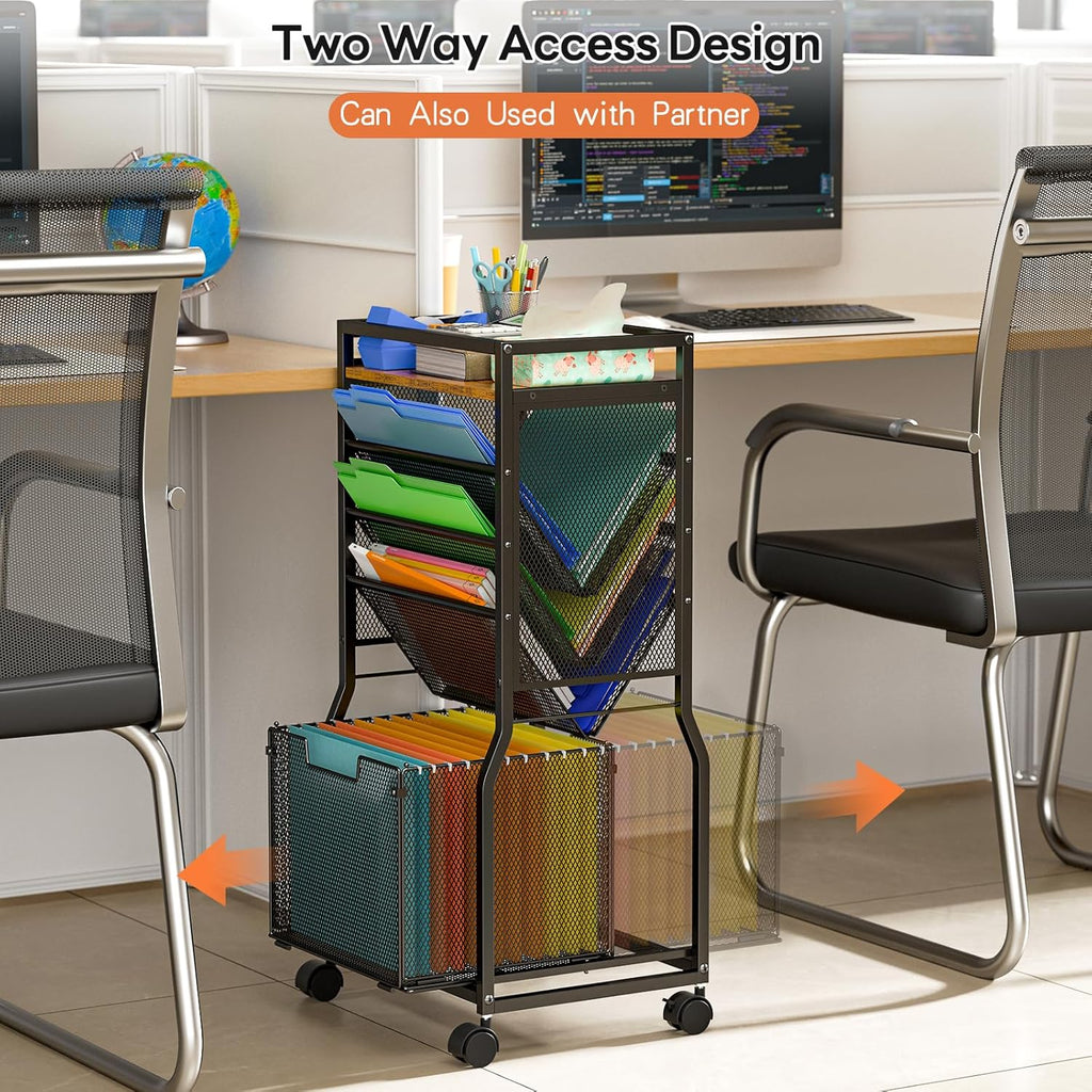 DAOUTIME 8 Tier Rolling File Cart with Hanging File Folder Organizer, Mobile File Organizer with 2 Sides Access Bookcase, Beside/Under Desk Cart with Wheels for Office Home School
