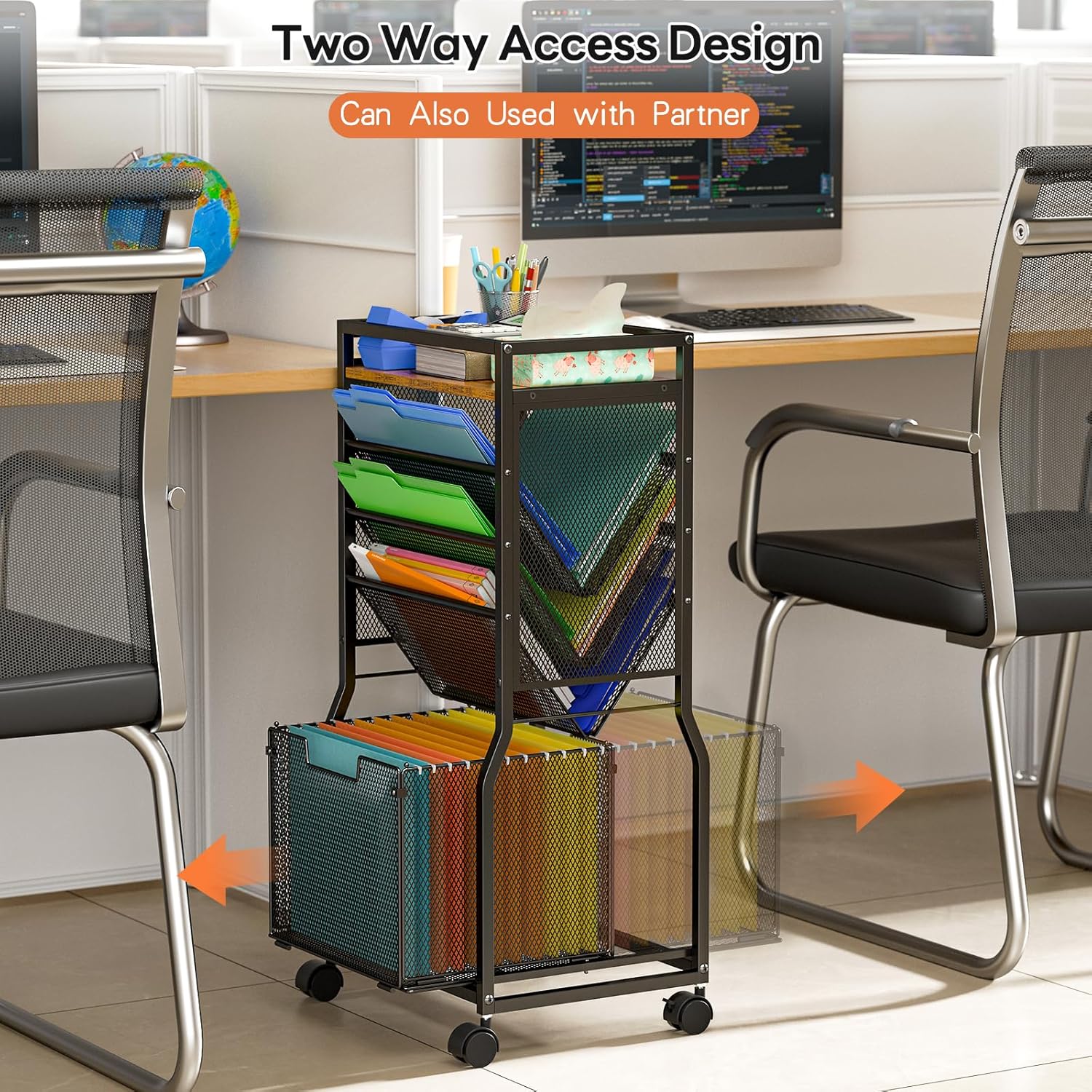 DAOUTIME 8 Tier Rolling File Cart with Hanging File Folder Organizer, Mobile File Organizer with 2 Sides Access Bookcase, Beside/Under Desk Cart with Wheels for Office Home School