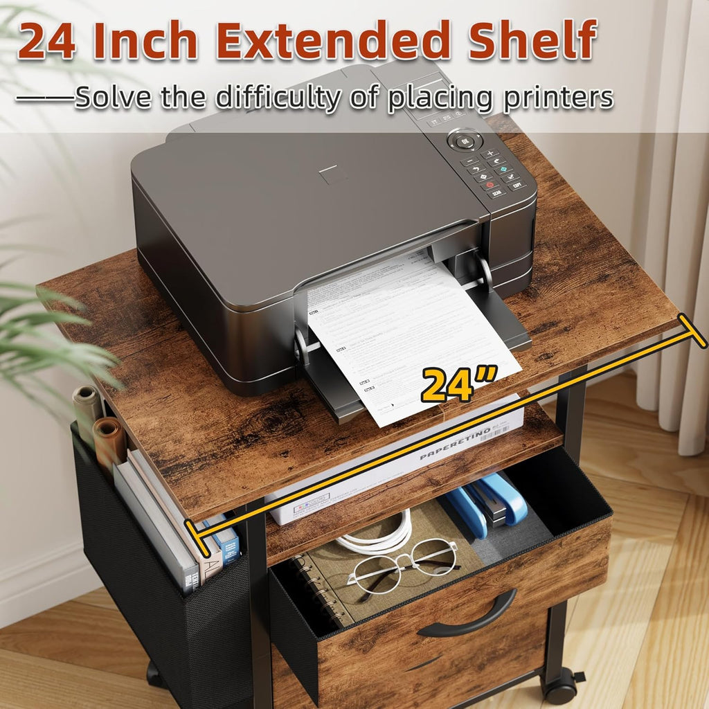 GYIIYUO 2 Drawer File Cabinet with 24'' Extended Desktop, Light Brown | Mobile Filing Cabinet, Side Bag, Fits A4/Letter Size, Rolling Printer Stand, Home Office, Fabric Drawer