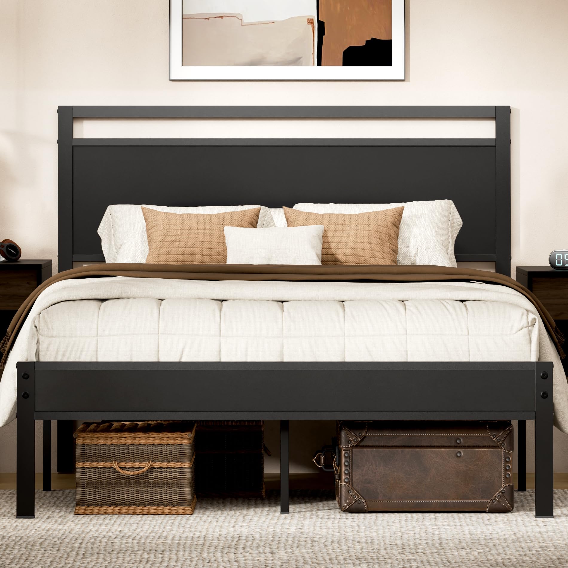 Z-hom Twin Metal Bed Frame with Wooden Headboard and Footboard, Heavy Duty Platform Frame with Mrtal Slats, No Box Spring Needed, Quiet and Non-Slip Design, Saving Space for Small Bedroom,Walnut