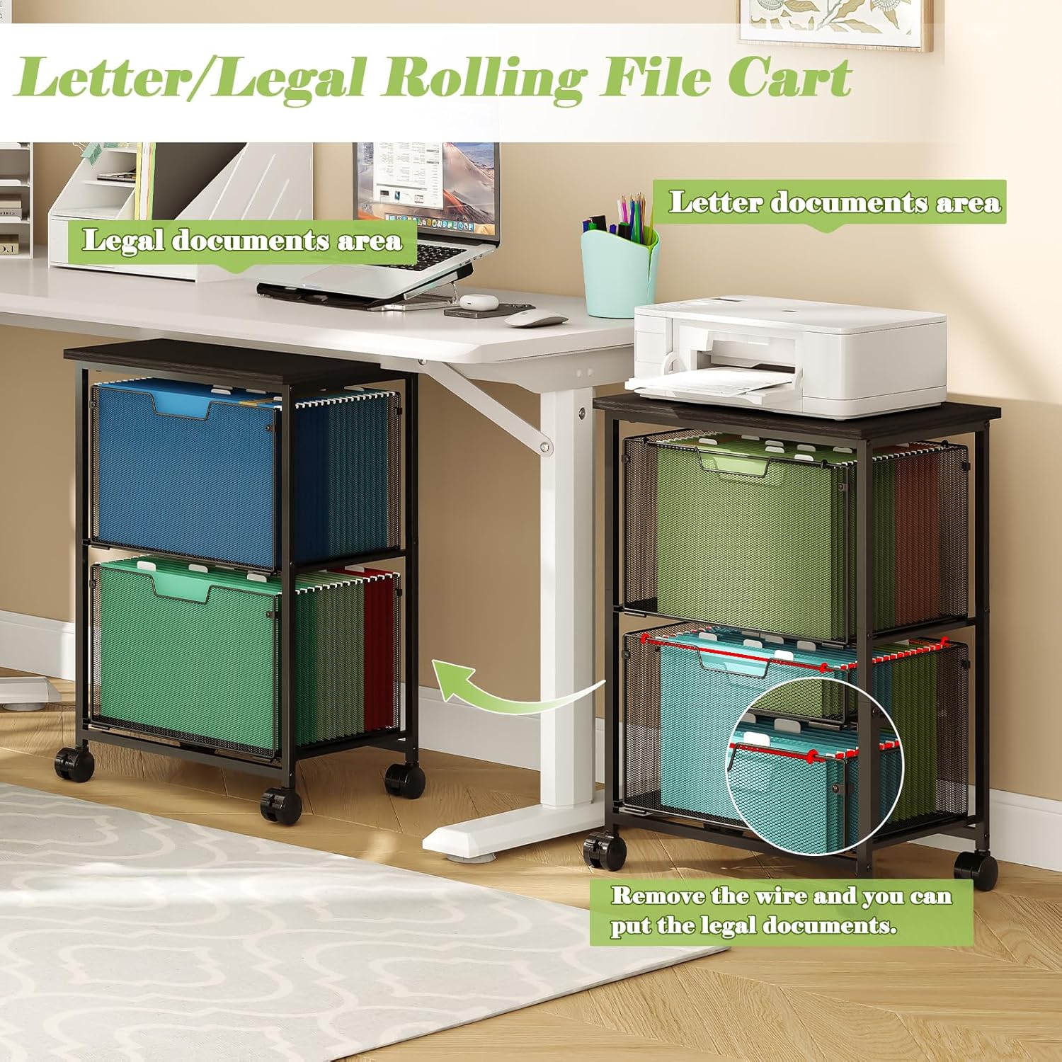 Sbanmao Letter/Legal Rolling File Cart with 2 Storage Drawers, Under Desk Storage, Vertical Filing Cabinet for Home Office, Hanging File Folders Organizer, Mobile Utility Cart Printer Stand, Black