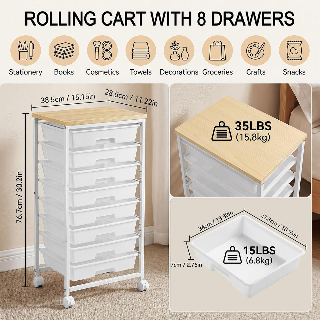 Rolling Cart with 8 Drawers, Rolling Storage Cart with Wooden Tabletop and Lockable Wheels, Craft Storage Cart for Living Room, Office, Classroom, Craft Room, Bedroom, Craft Organization and Storage