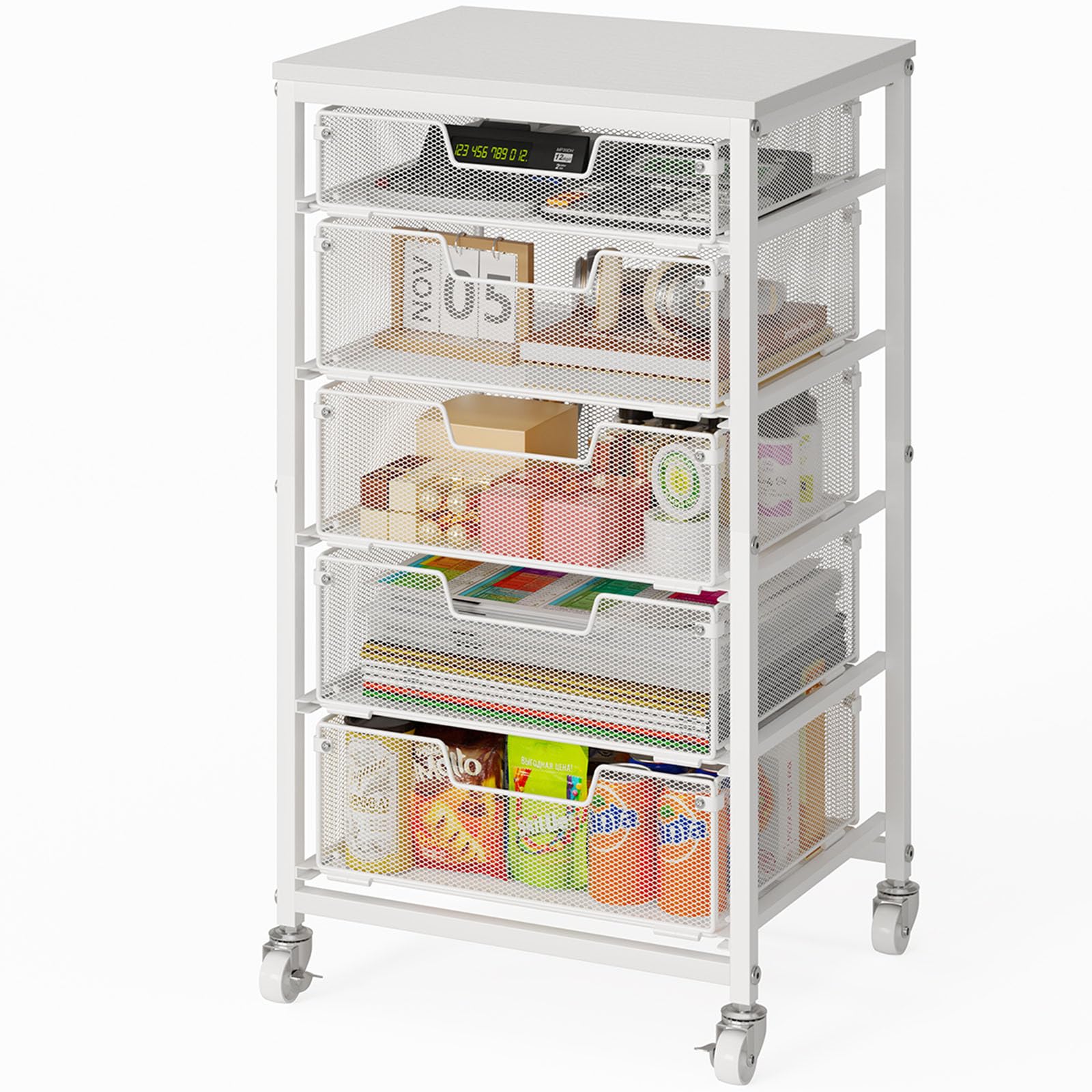 Sbanmao Utility Cart with 5 Drawers, Rolling Storage Cart with Wooden Tabletop and Lockable Wheels, Storage Drawer Cart with Drawers, Craft Cart for Bedroom, Classroom, Home, Office,Black
