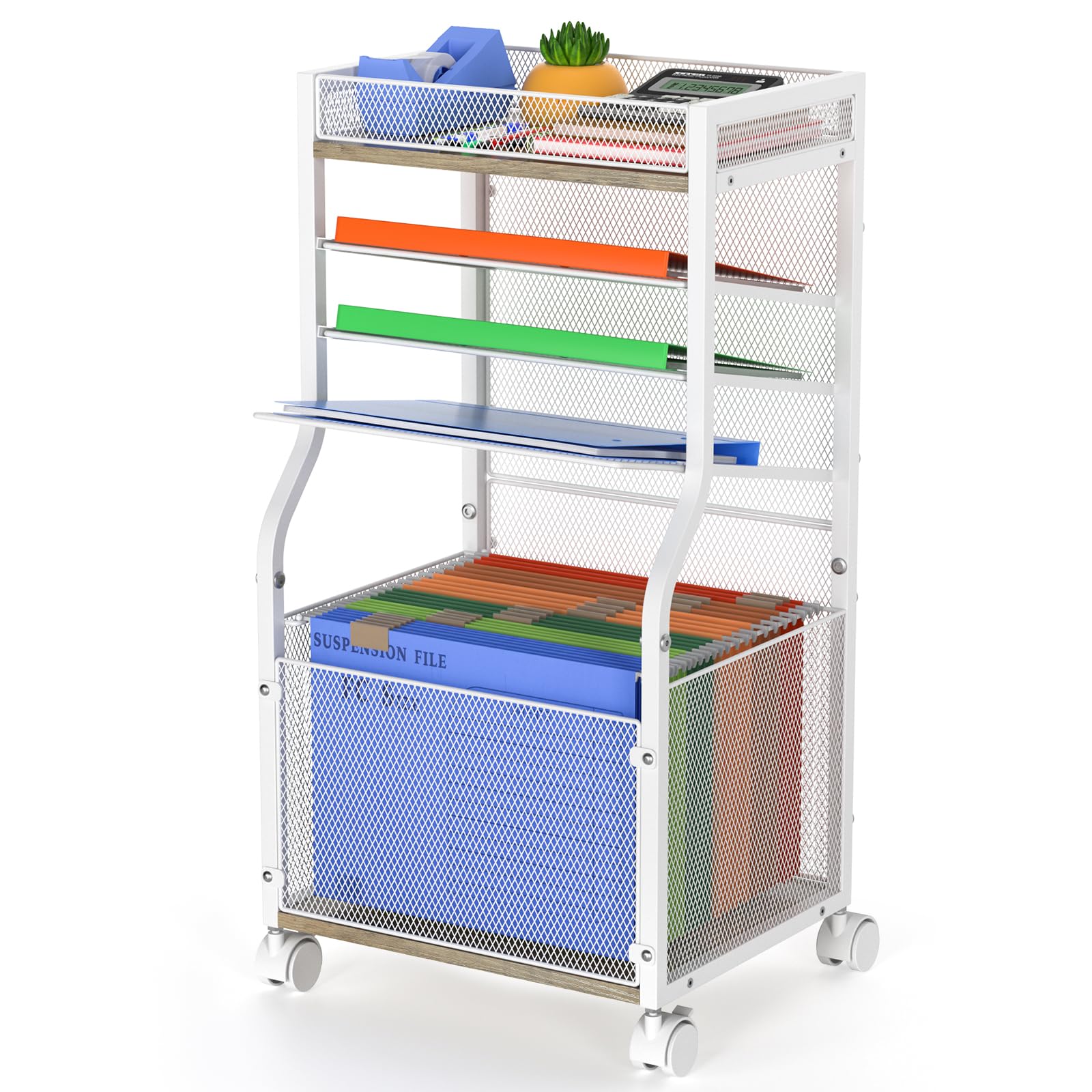 5-Tier Rolling File Cart with Lockable Wheels, Mobile File Cabinet for Hanging File Folders Sliding Trays, Under Desk Storage, Paper Organizer Utility Cart Filing Cabinet for Office, Home, School