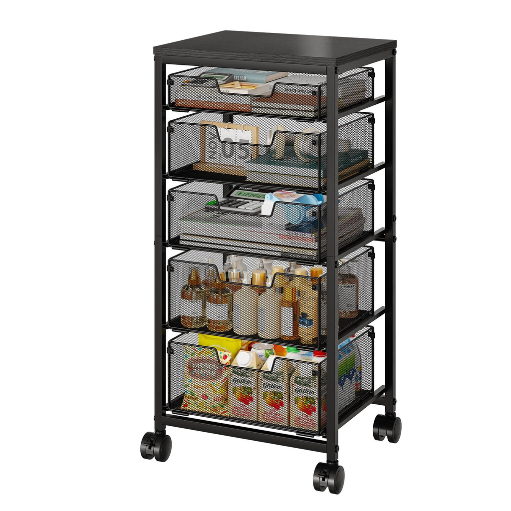Sbanmao Utility Cart with 5 Drawers, Rolling Storage Cart with Wooden Tabletop and Lockable Wheels, Storage Drawer Cart with Drawers, Craft Cart for Bedroom, Classroom, Home, Office,Black