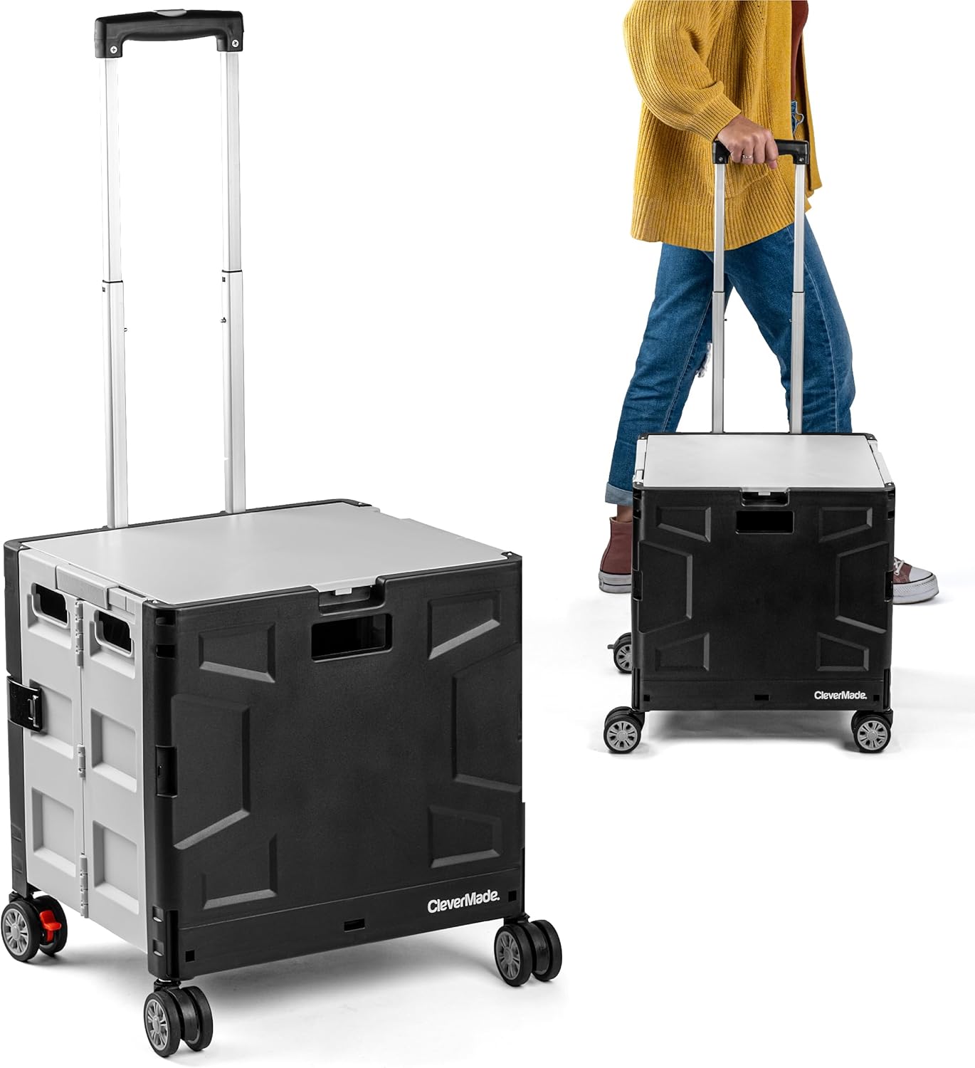 CleverMade Collapsible Wheeled Crate with Lid, 4-Wheels, Swivel and Glide Rolling Crate with Handle and Double Wheels, 55L, 100 lb Capacity, Cool Gray, Polypropylene (PP)