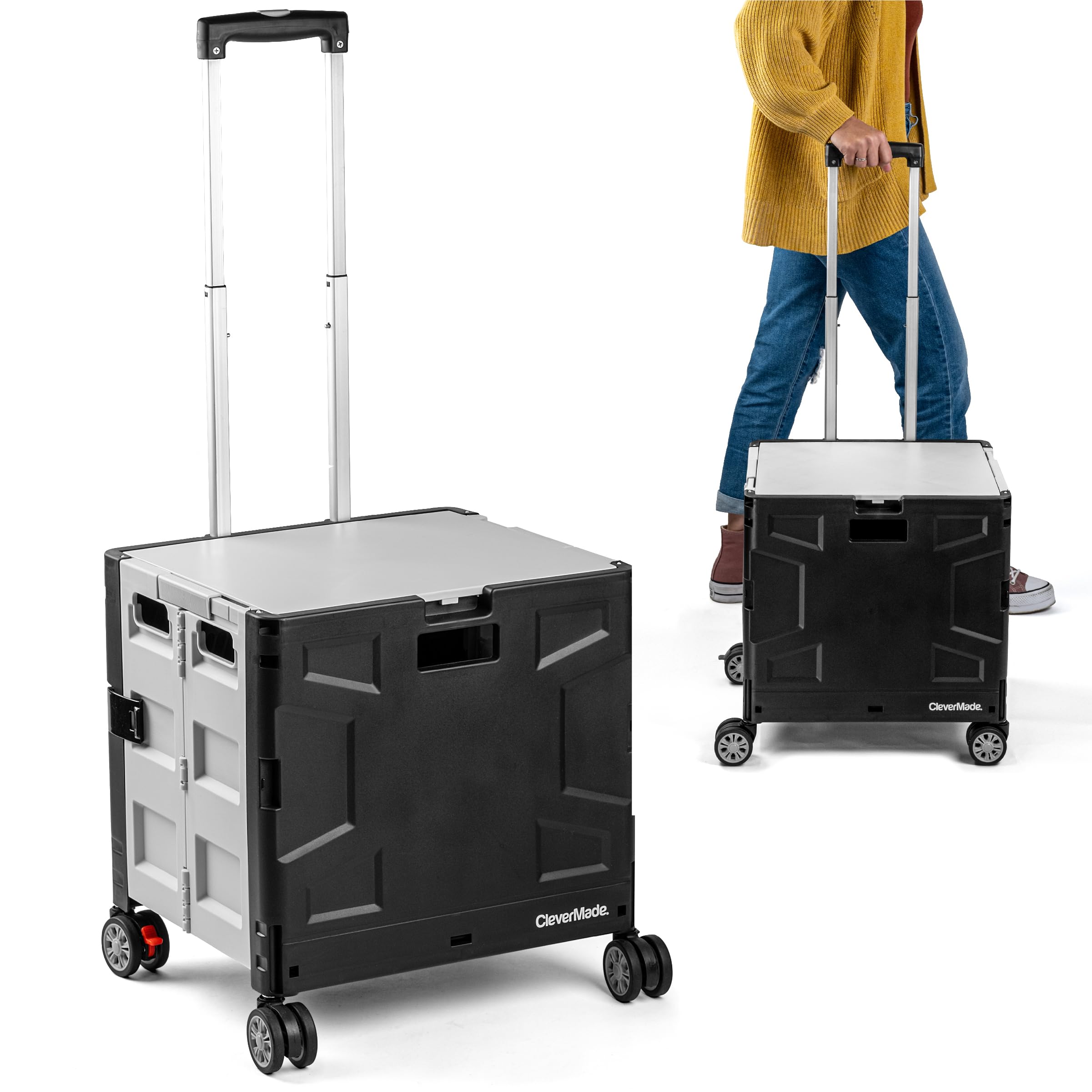CleverMade Collapsible Wheeled Crate with Lid, 4-Wheels, Swivel and Glide Rolling Crate with Handle and Double Wheels, 55L, 100 lb Capacity, Cool Gray, Polypropylene (PP)