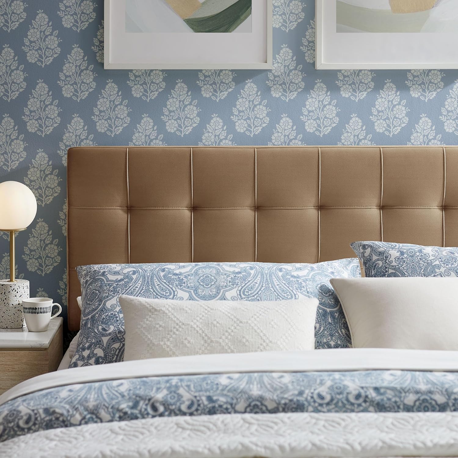 Modway Lily Performance Velvet Queen Size Headboard with Biscuit Tufting in Taupe - Stain-Resistant Upholstery with Padded Design and 5 Height-Adjustable Mounts