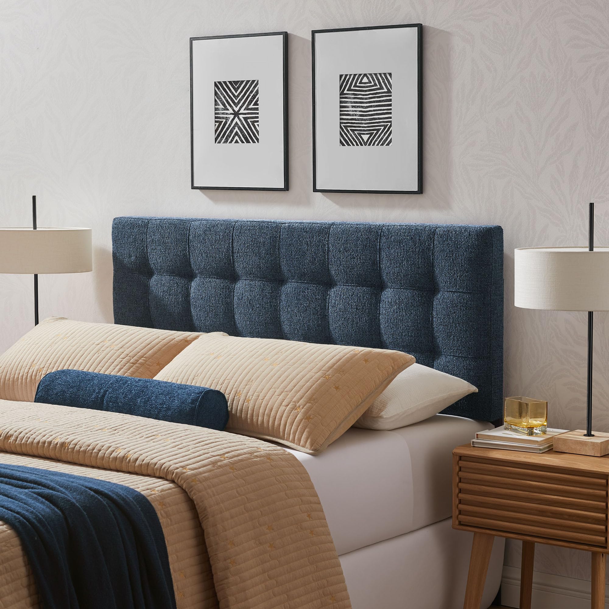 Modway Lily Twin Size Headboard with Biscuit Tufting in Navy - Fabric Upholstery with Padded Design and 5 Height-Adjustable Mounts