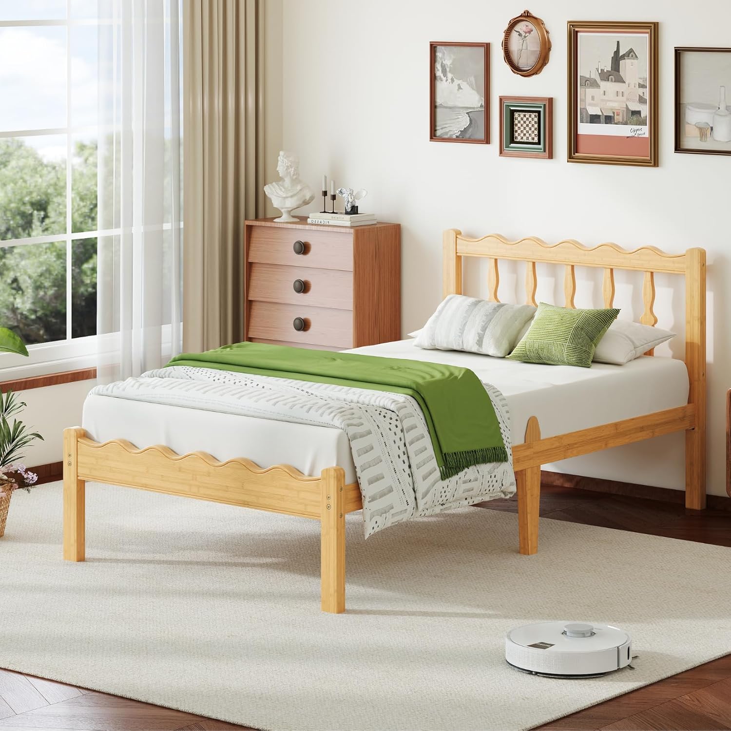 Bamboo Twin Bed Frame with Headboard, 14 inch Solid Wood Platform Bed Frames Twin Size with Metal Slats, No Box Spring Needed, Easy Assembly, Noise Free