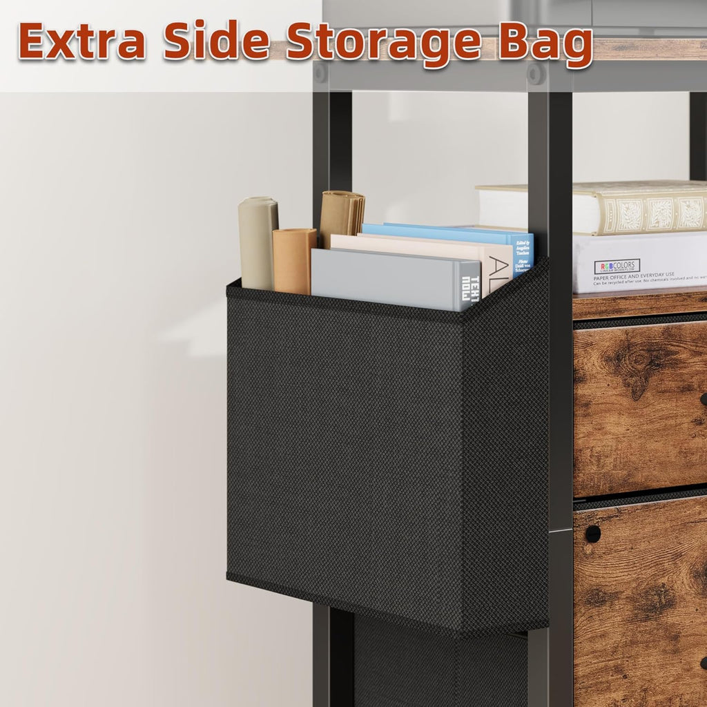 GYIIYUO 2 Drawer File Cabinet with 24'' Extended Desktop, Light Brown | Mobile Filing Cabinet, Side Bag, Fits A4/Letter Size, Rolling Printer Stand, Home Office, Fabric Drawer