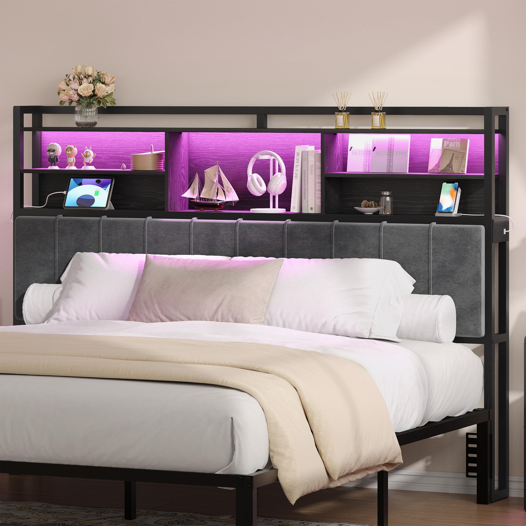 Hzuaneri Headboard with 3-Tier Storage Shelves, Velvet Upholstered Head Board with 2 Outlets, USB Ports & LED Light, Soft Backrest for Queen Size Bed, Black BH15204B