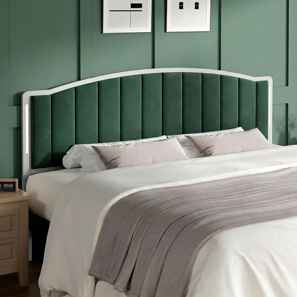 Headboard for Queen Size Bed with LED Lights, Upholstered Vertical Channel Tufting Head Boards, Velvet Headboard Only, Attach Frame, Ideal for Bedroom, Dorm, Guest Room, Green