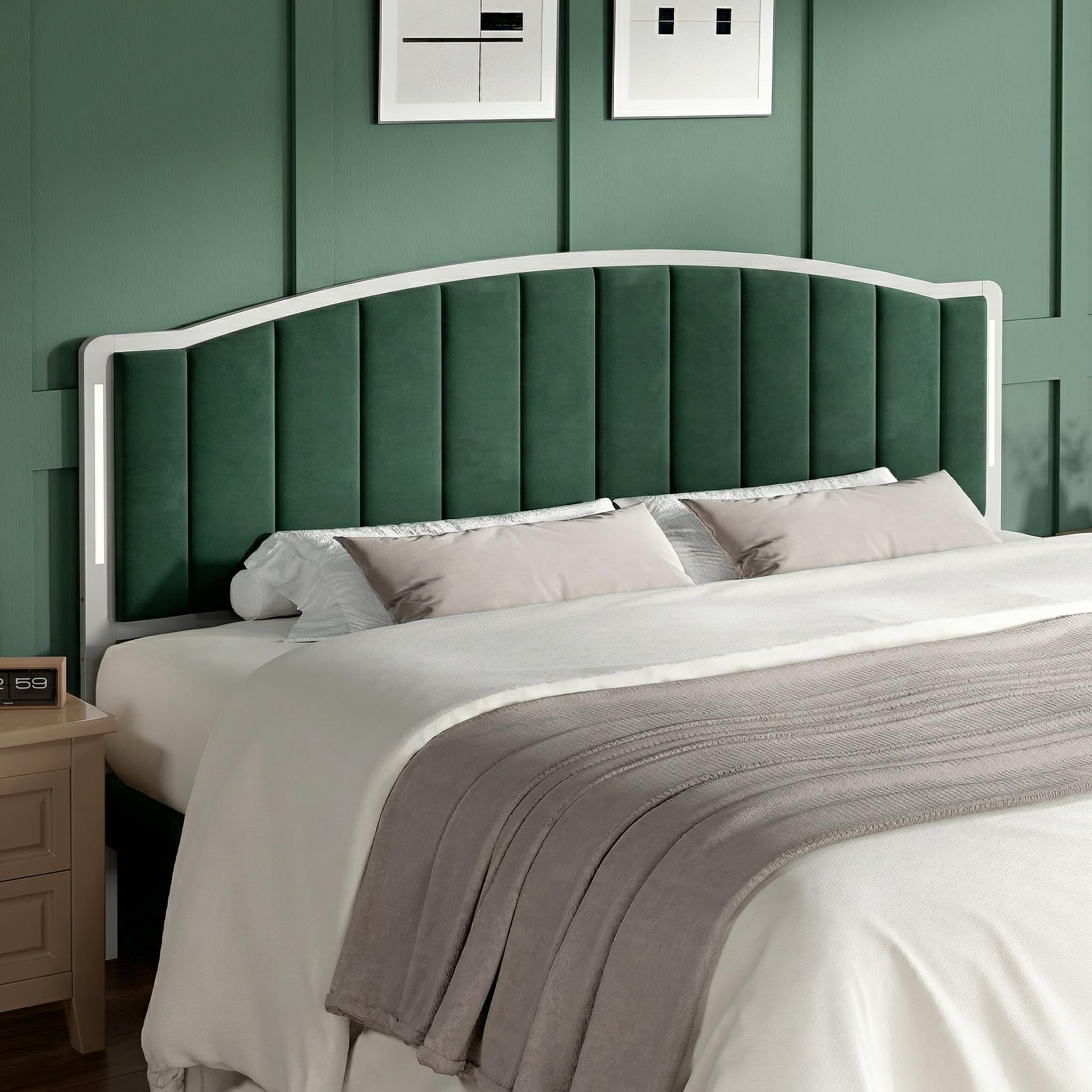 Headboard for Queen Size Bed with LED Lights, Upholstered Vertical Channel Tufting Head Boards, Velvet Headboard Only, Attach Frame, Ideal for Bedroom, Dorm, Guest Room, Green