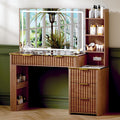 51" Vanity Desk with Power Outlet, Makeup Vanity with Mirror and Lights, 3 Lighting Modes, Vanity Table with Glass Top, 5 Drawers, and Jewelry Storage,Oak