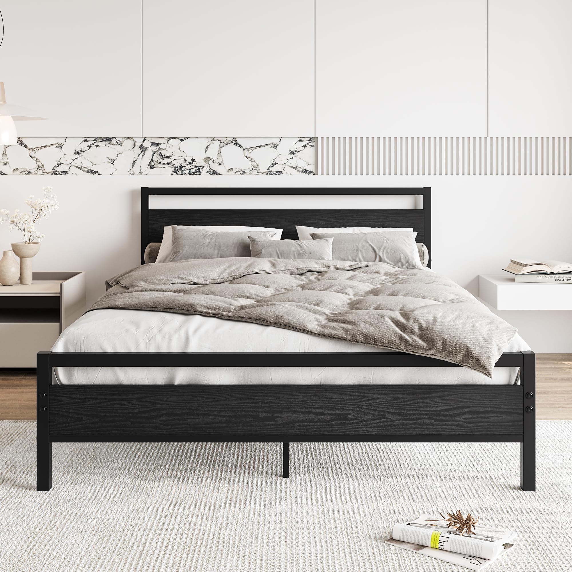 BOFENG Black Twin Bed Frame with Wood Headboard,Metal Single Platform Bed Frame Twin Size No Box Spring Needed,Heavy Duty Metal Slats Support,Noise Free,Single Bed Base,Easy Assembly