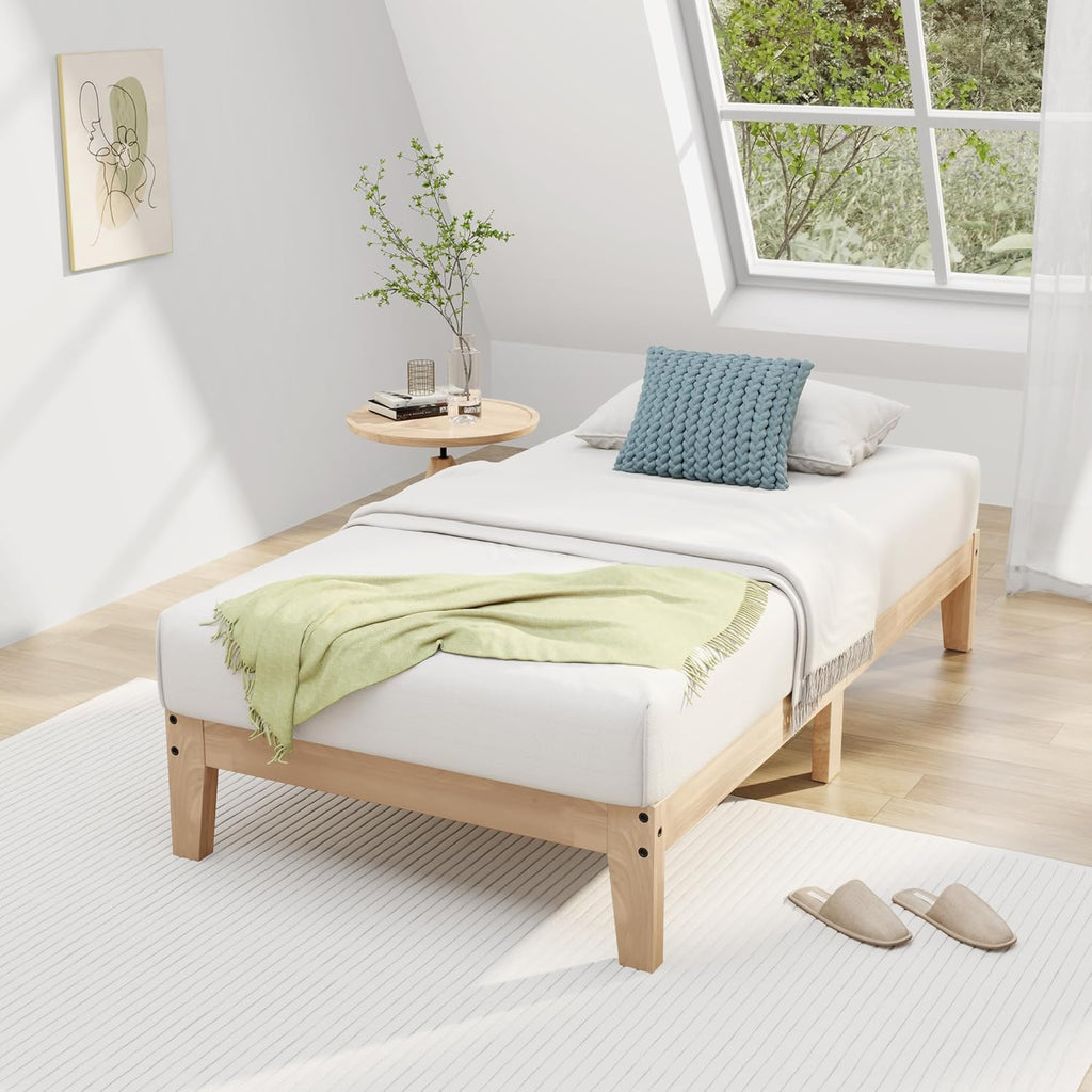 Awesofurni Twin Bed Frame, 12 Inch Solid Wood Platform Bed with Wooden Slats, Natural Finish Wood Bed Frame No Box Spring Needed, Noise Free - Easy Assembly