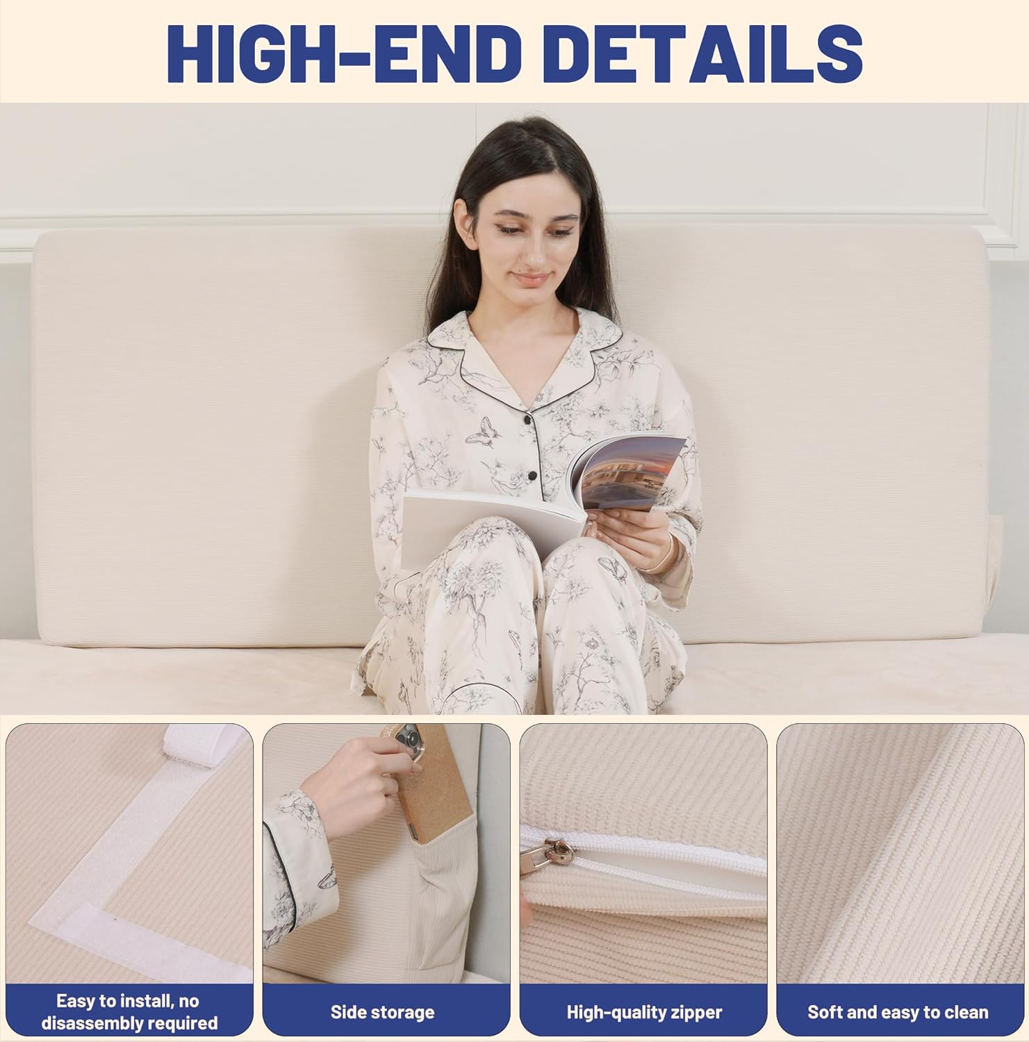 Upholstered Cotton Velvet Queen Headboard No Assembly Required Direct Installation, Soft Headboard with Storage Pocket, Removable Washable Cover, 3D Soundproof Bed Wall Panels, 59x4x24, Beige