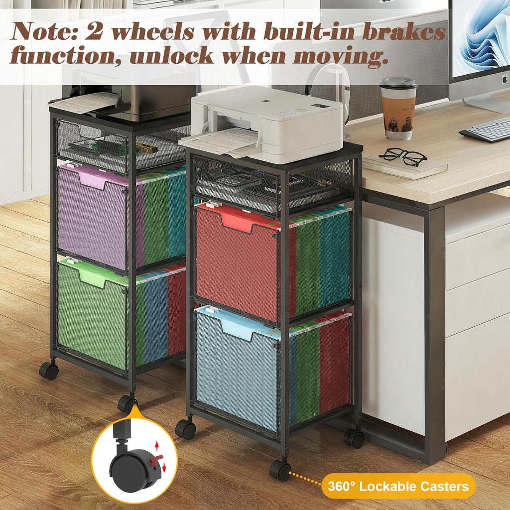 Sbanmao 3 Drawer Mobile File Cabinet for Home Office, Rolling Filing Cabinet on Lockable Wheels, Hanging File Folders Organizer, Utility Cart Storage and Organizer, Printer Stand, Black
