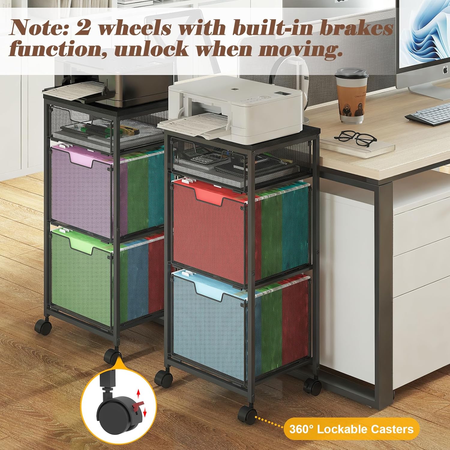 Sbanmao 3 Drawer Mobile File Cabinet for Home Office, Rolling Filing Cabinet on Lockable Wheels, Hanging File Folders Organizer, Utility Cart Storage and Organizer, Printer Stand, Black