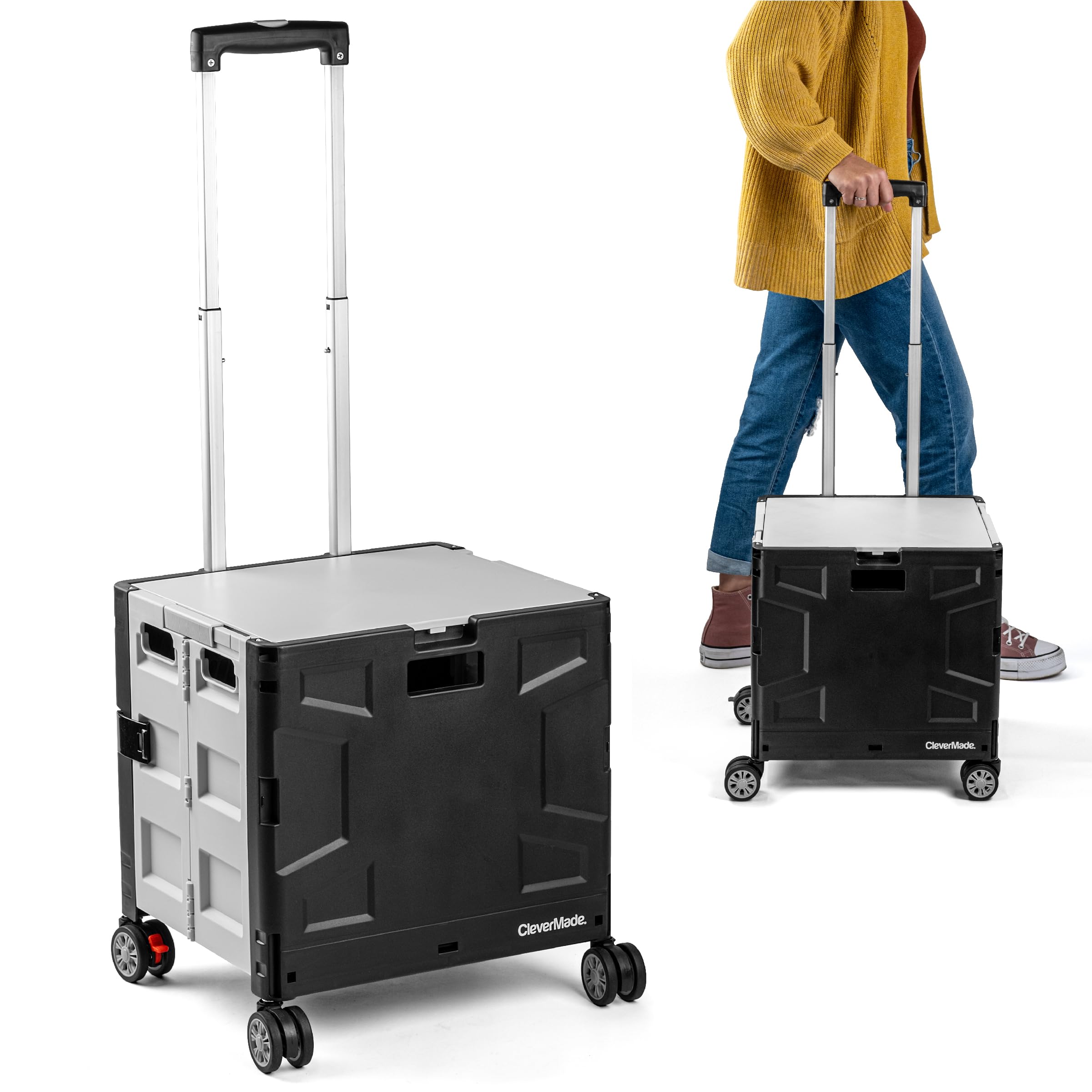 CleverMade Collapsible Wheeled Crate with Lid, 4-Wheels, Swivel and Glide Rolling Crate with Handle and Double Wheels, 55L, 100 lb Capacity, Cool Gray, Polypropylene (PP)
