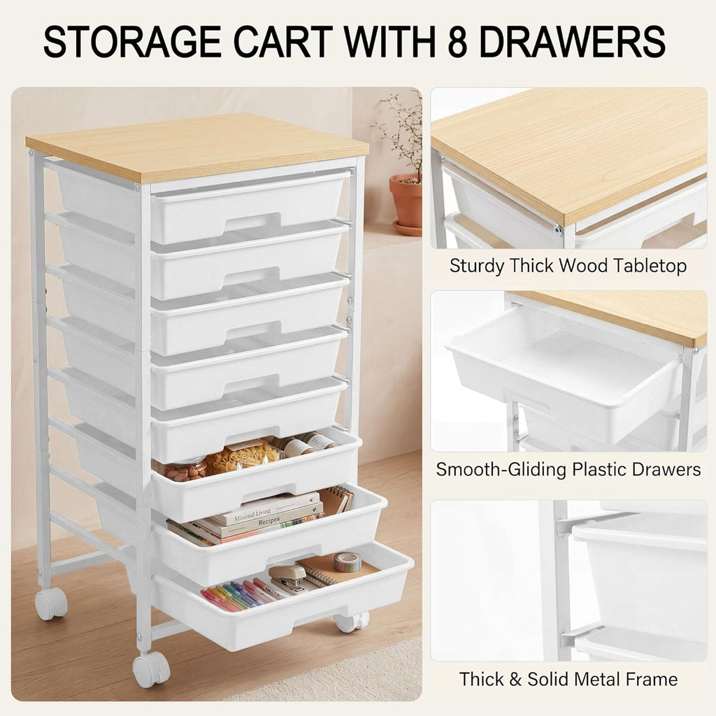 Rolling Cart with 8 Drawers, Rolling Storage Cart with Wooden Tabletop and Lockable Wheels, Craft Storage Cart for Living Room, Office, Classroom, Craft Room, Bedroom, Craft Organization and Storage