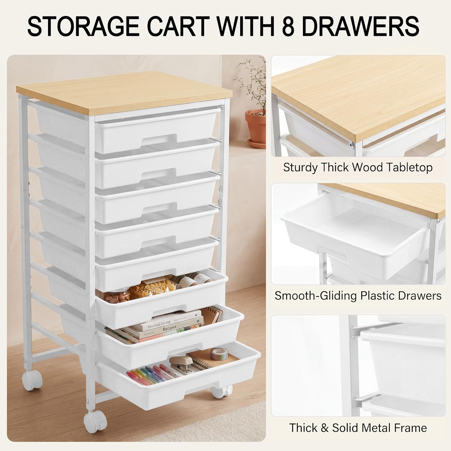 Rolling Cart with 8 Drawers, Rolling Storage Cart with Wooden Tabletop and Lockable Wheels, Craft Storage Cart for Living Room, Office, Classroom, Craft Room, Bedroom, Craft Organization and Storage