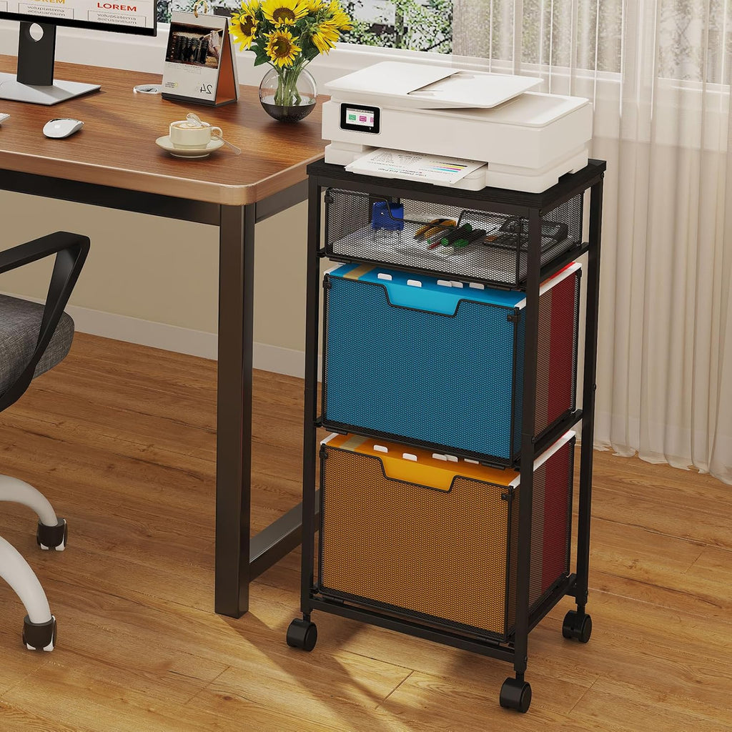 Sbanmao 3 Drawer Mobile File Cabinet for Home Office, Rolling Filing Cabinet on Lockable Wheels, Hanging File Folders Organizer, Utility Cart Storage and Organizer, Printer Stand, Black