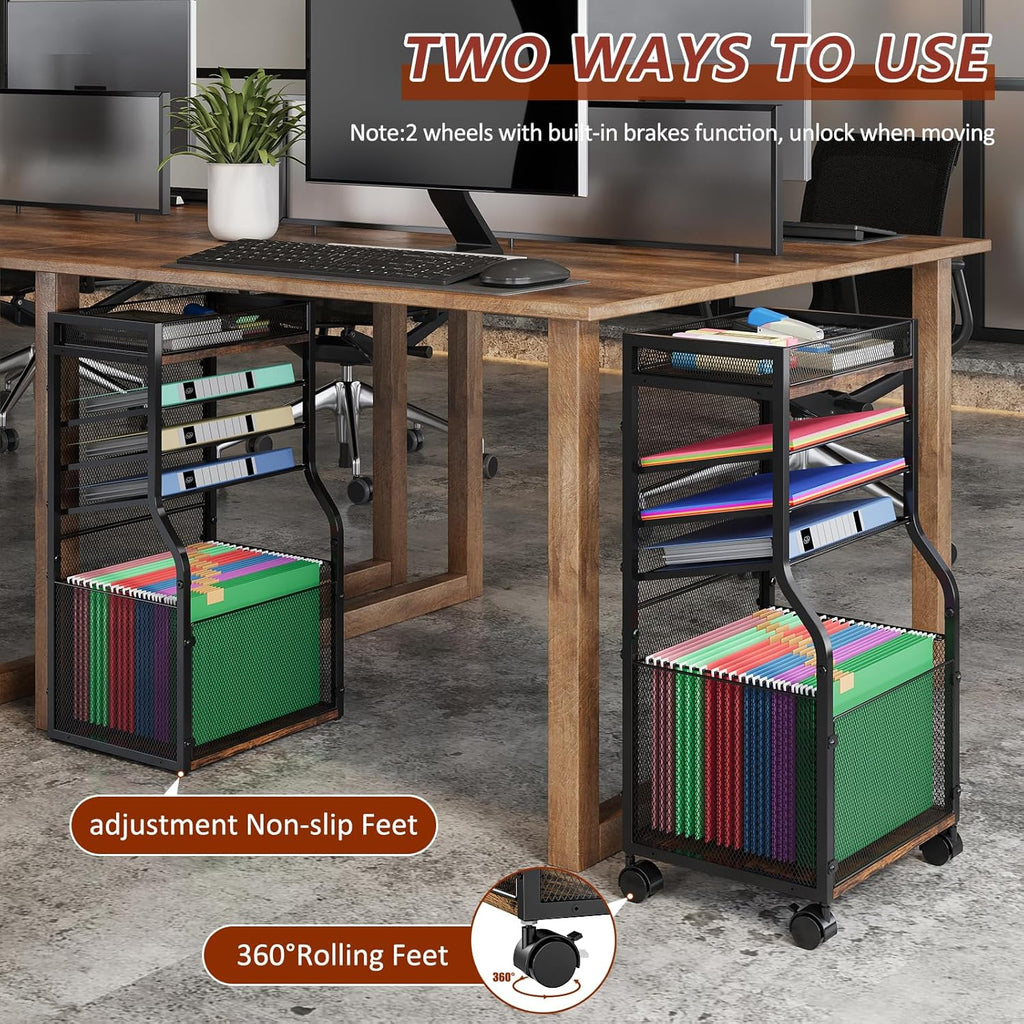 5-Tier Rolling File Cart with Lockable Wheels, Mobile File Cabinet for Hanging File Folders Sliding Trays, Under Desk Storage, Paper Organizer Utility Cart Filing Cabinet for Office, Home, School