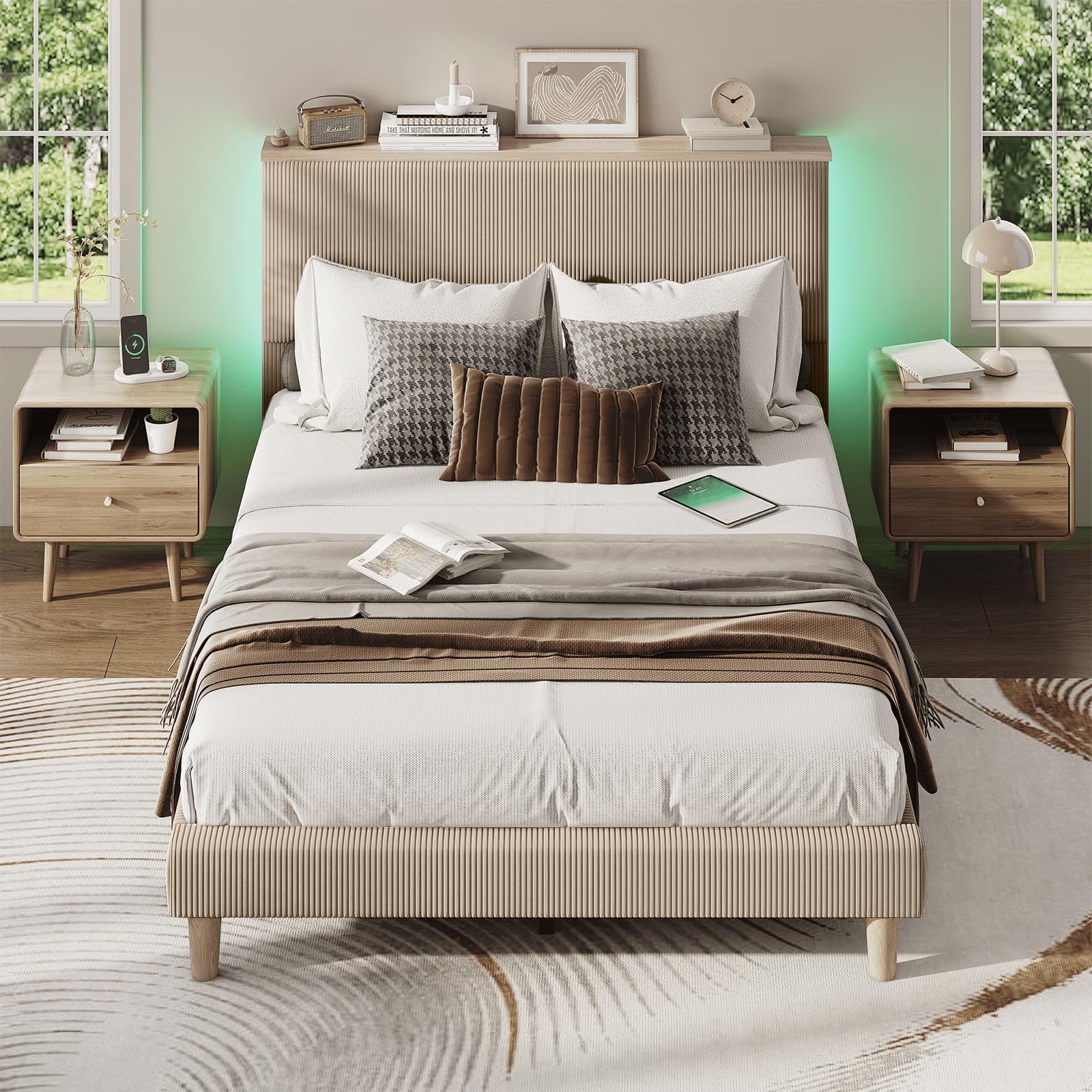 Bestier Queen Bed Frame with Adjustable Headboard & LED Lighting, Corduroy Upholstered Platform Bed Frame with Storage Shelf, Solid Wood Slats, No Box Spring Needed,Never Squeak, Easy Assembly, Beige