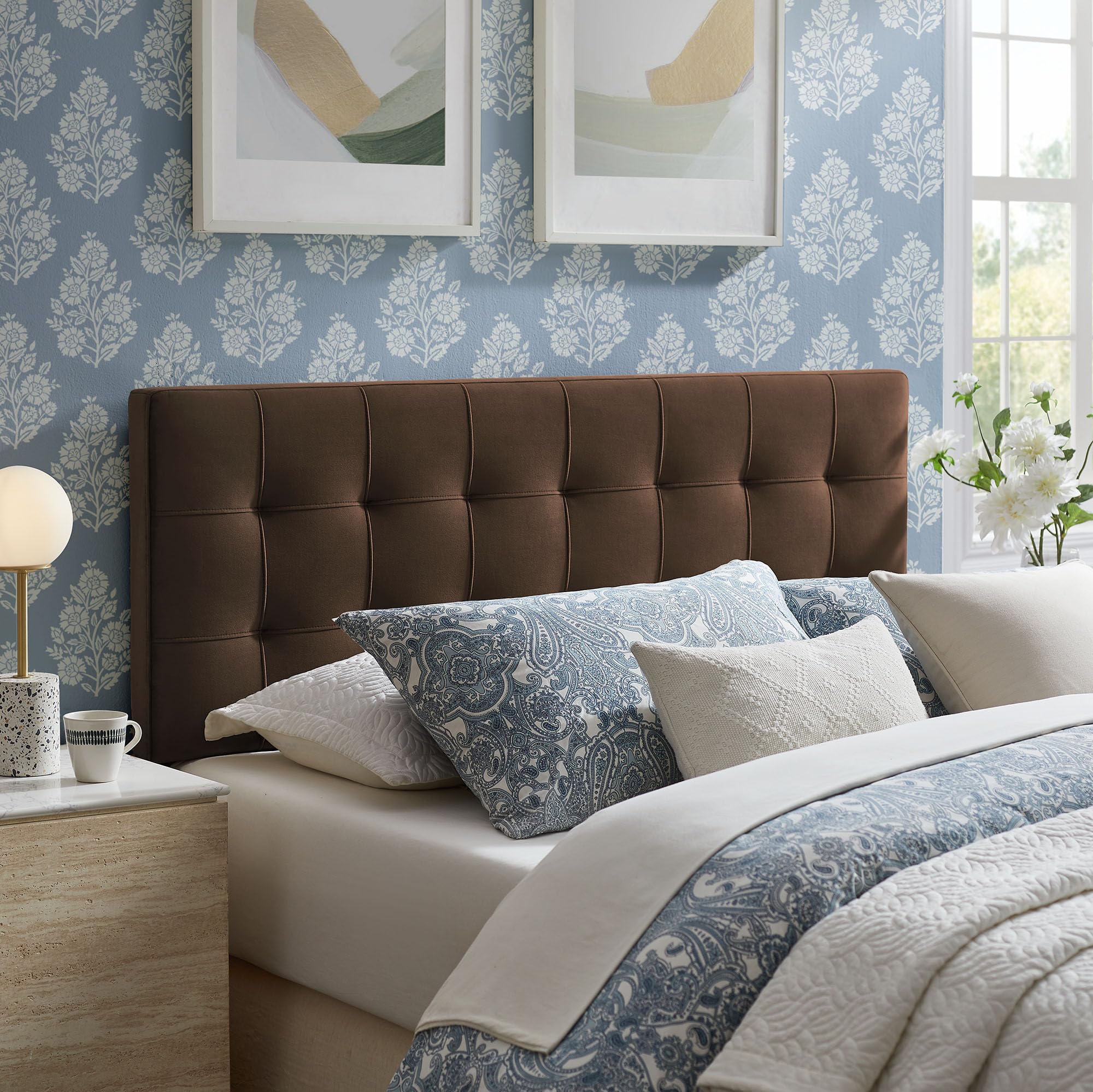 Modway Lily Performance Velvet Queen Size Headboard with Biscuit Tufting in Taupe - Stain-Resistant Upholstery with Padded Design and 5 Height-Adjustable Mounts