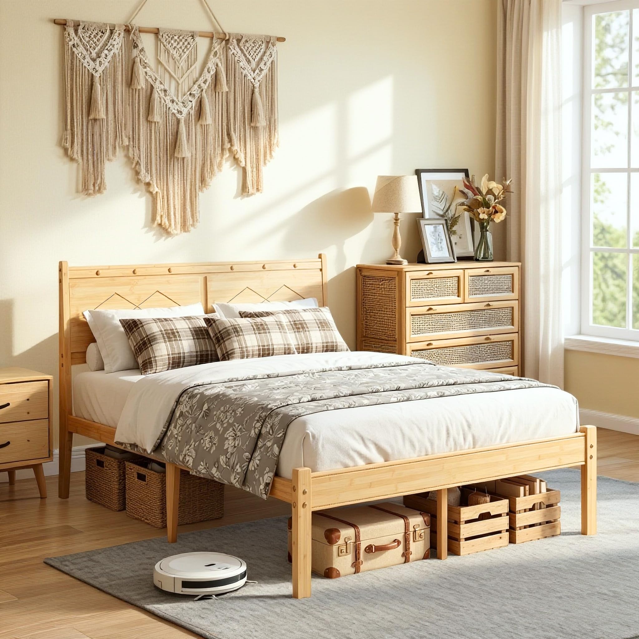 Askeld 14 Inch Bamboo Twin XL Bed Frame with Headboard, Solid Wood Bed Frames Twin XL Size No Box Spring Needed, Easy Assembly, Noise Free, Walnut Color