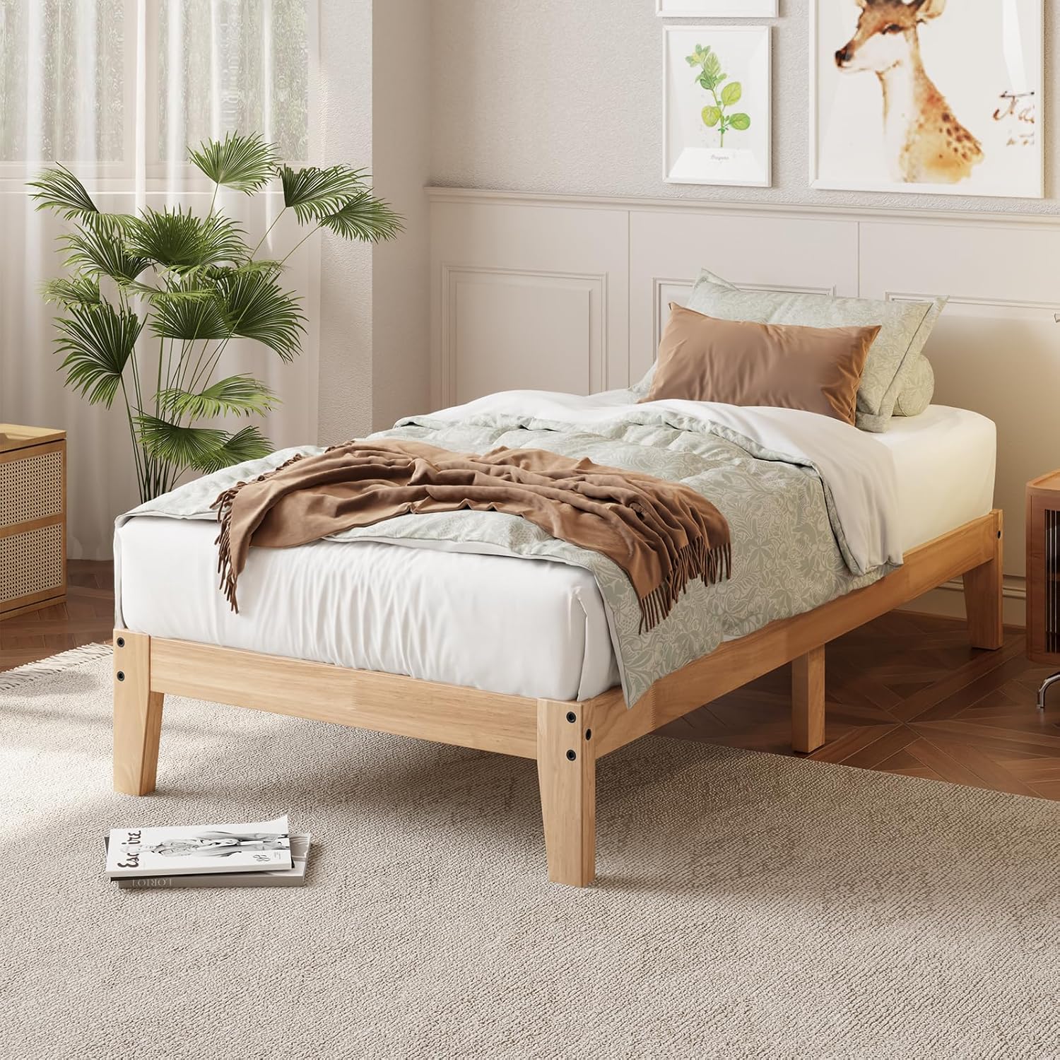 Twin Size Solid Wood Platform Bed - Noise-Free Design with Metal and Wood Slat Support, No Box Spring Needed, Easy Assembly, Natural Wood Finish