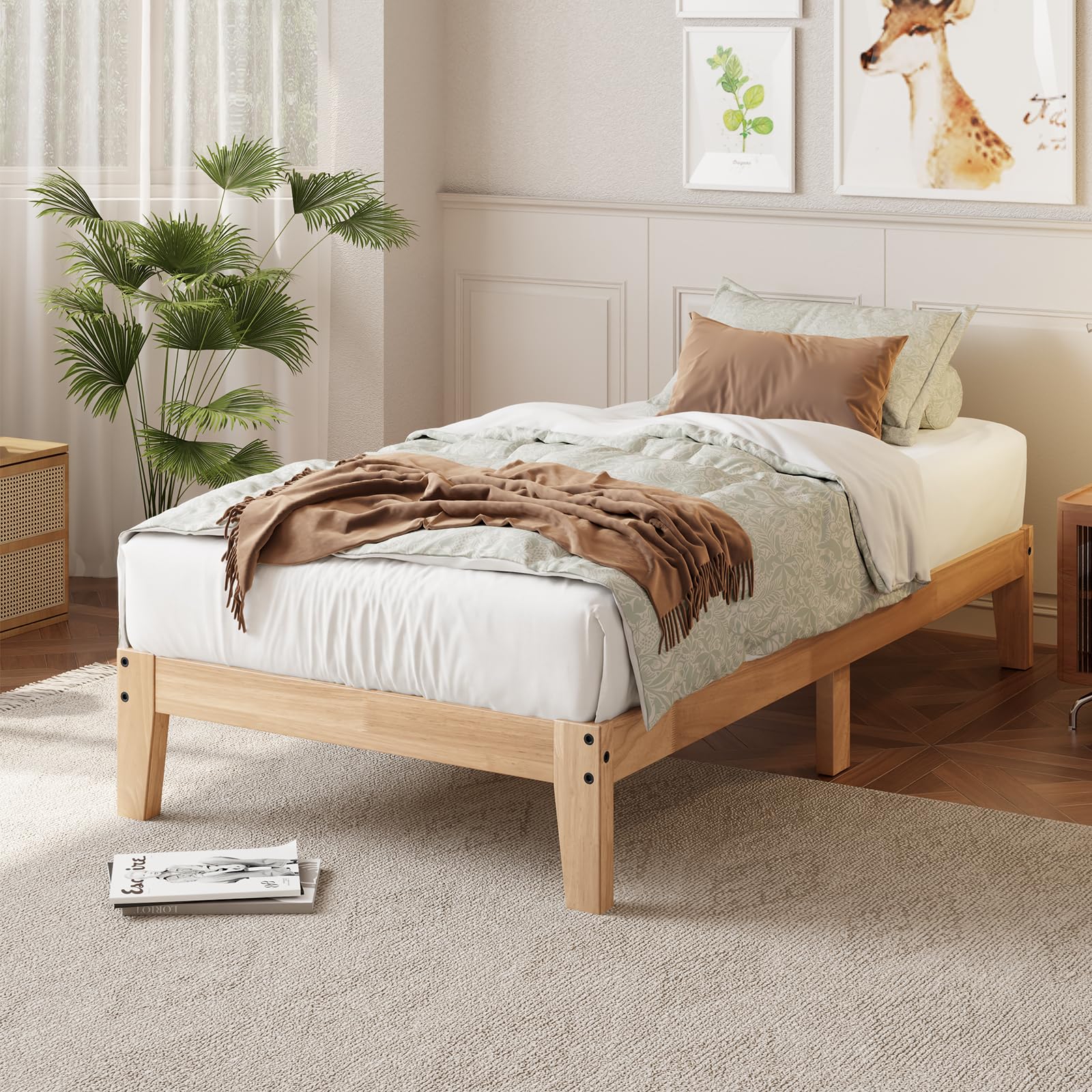 Twin Size Solid Wood Platform Bed - Noise-Free Design with Metal and Wood Slat Support, No Box Spring Needed, Easy Assembly, Natural Wood Finish