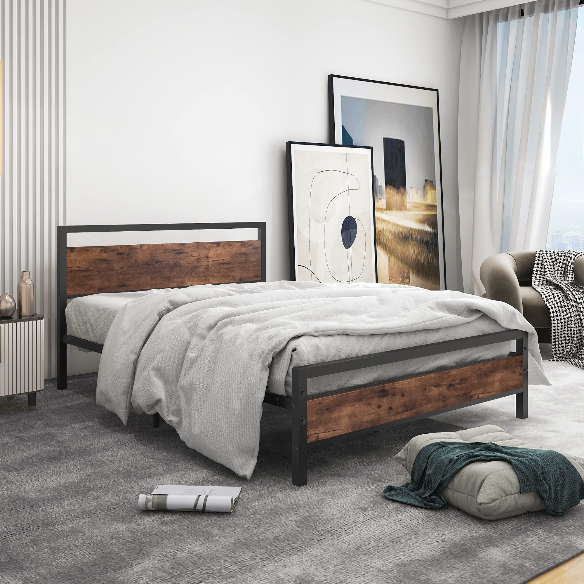 BOFENG Black Twin Bed Frame with Wood Headboard,Metal Single Platform Bed Frame Twin Size No Box Spring Needed,Heavy Duty Metal Slats Support,Noise Free,Single Bed Base,Easy Assembly