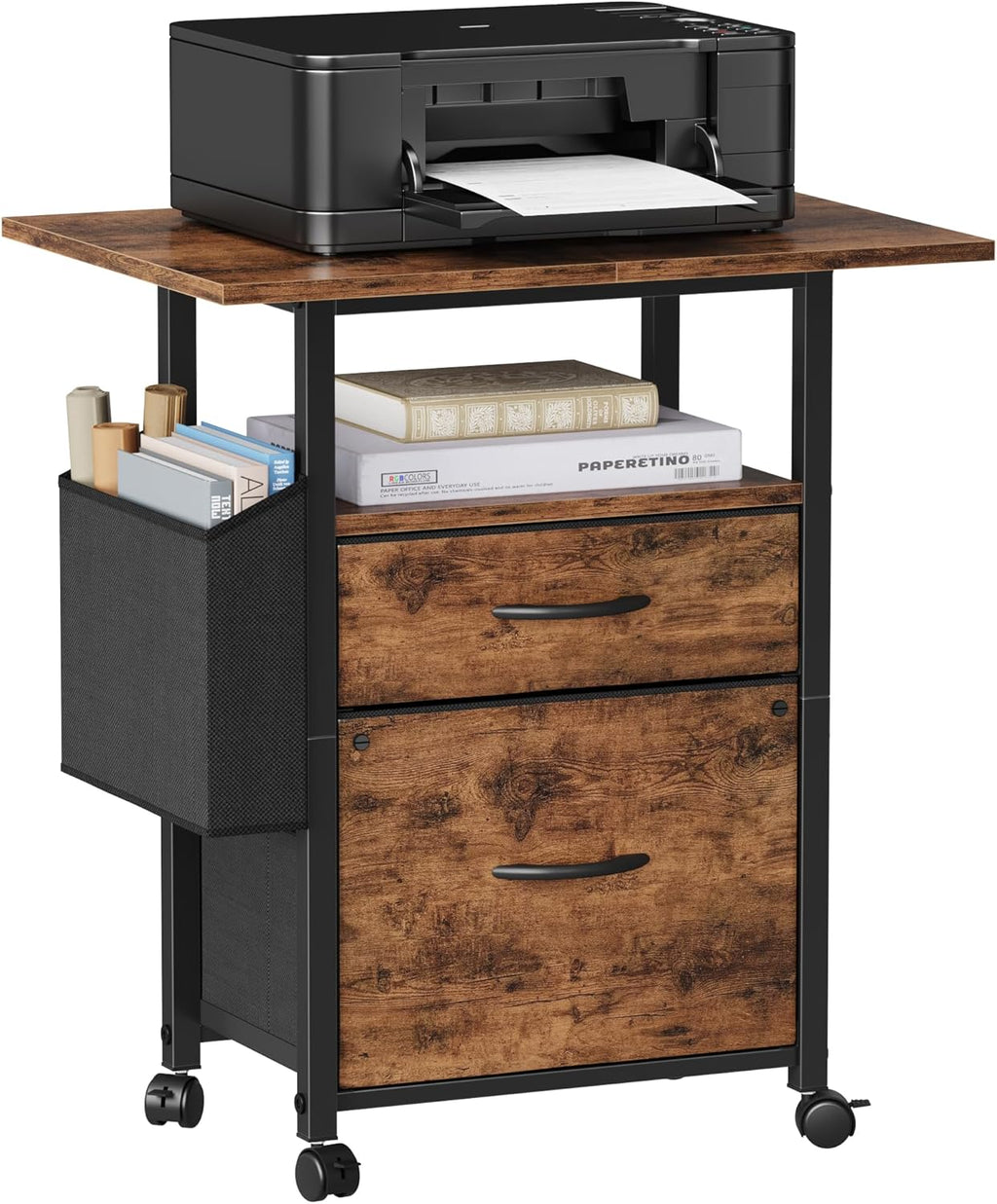 GYIIYUO 2 Drawer File Cabinet with 24'' Extended Desktop, Light Brown | Mobile Filing Cabinet, Side Bag, Fits A4/Letter Size, Rolling Printer Stand, Home Office, Fabric Drawer